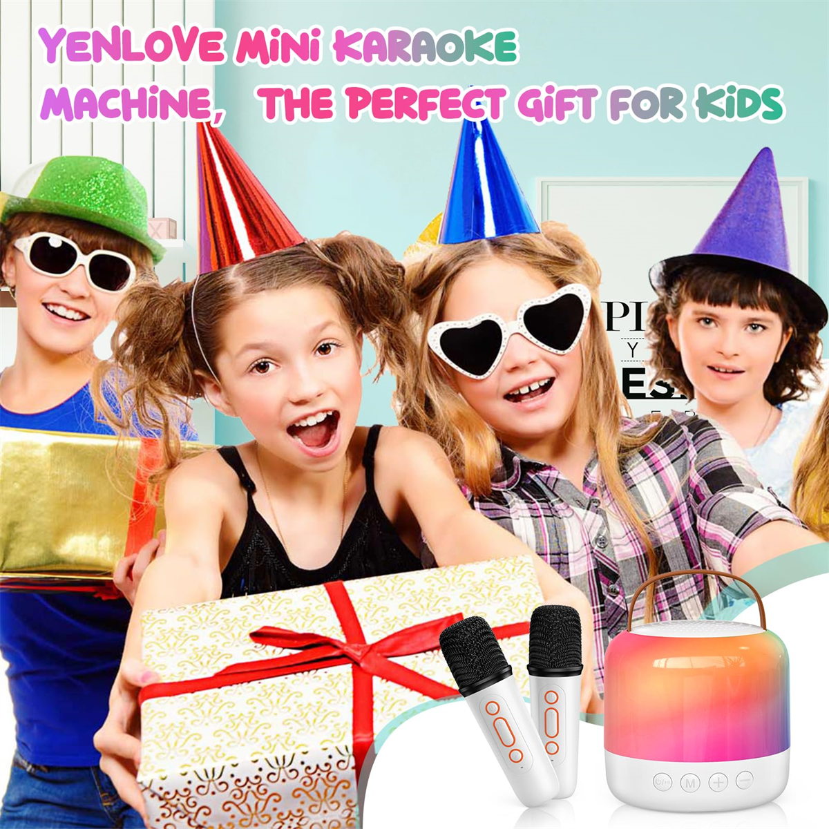 Eine Gruppe von Kindern mit einer Karaoke-Maschine, Mikrofonen und einer Geschenkbox. Der Text lautet 'Perfektes Geschenk für Kinder'.
