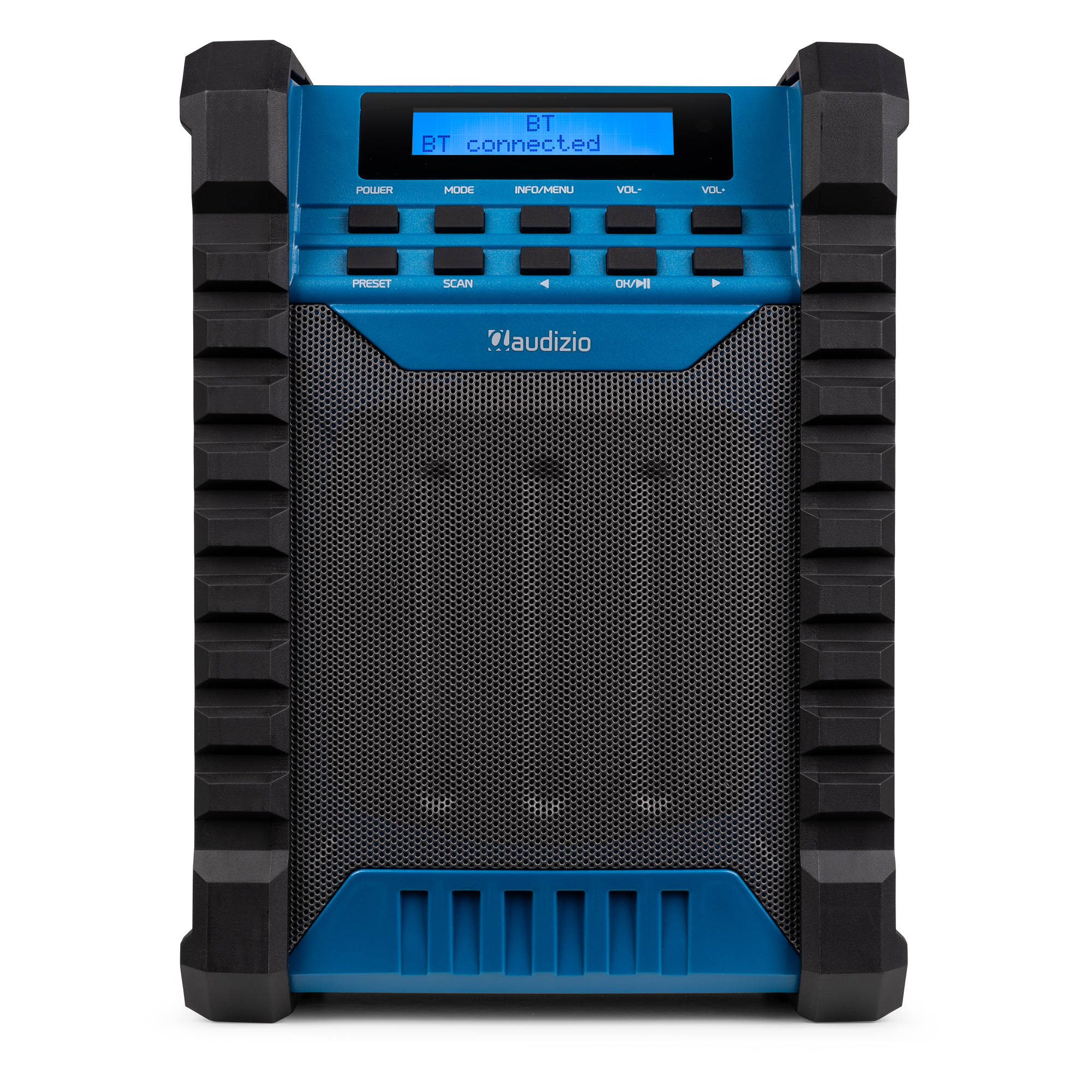 Un altavoz azul y negro con botones y una pantalla.