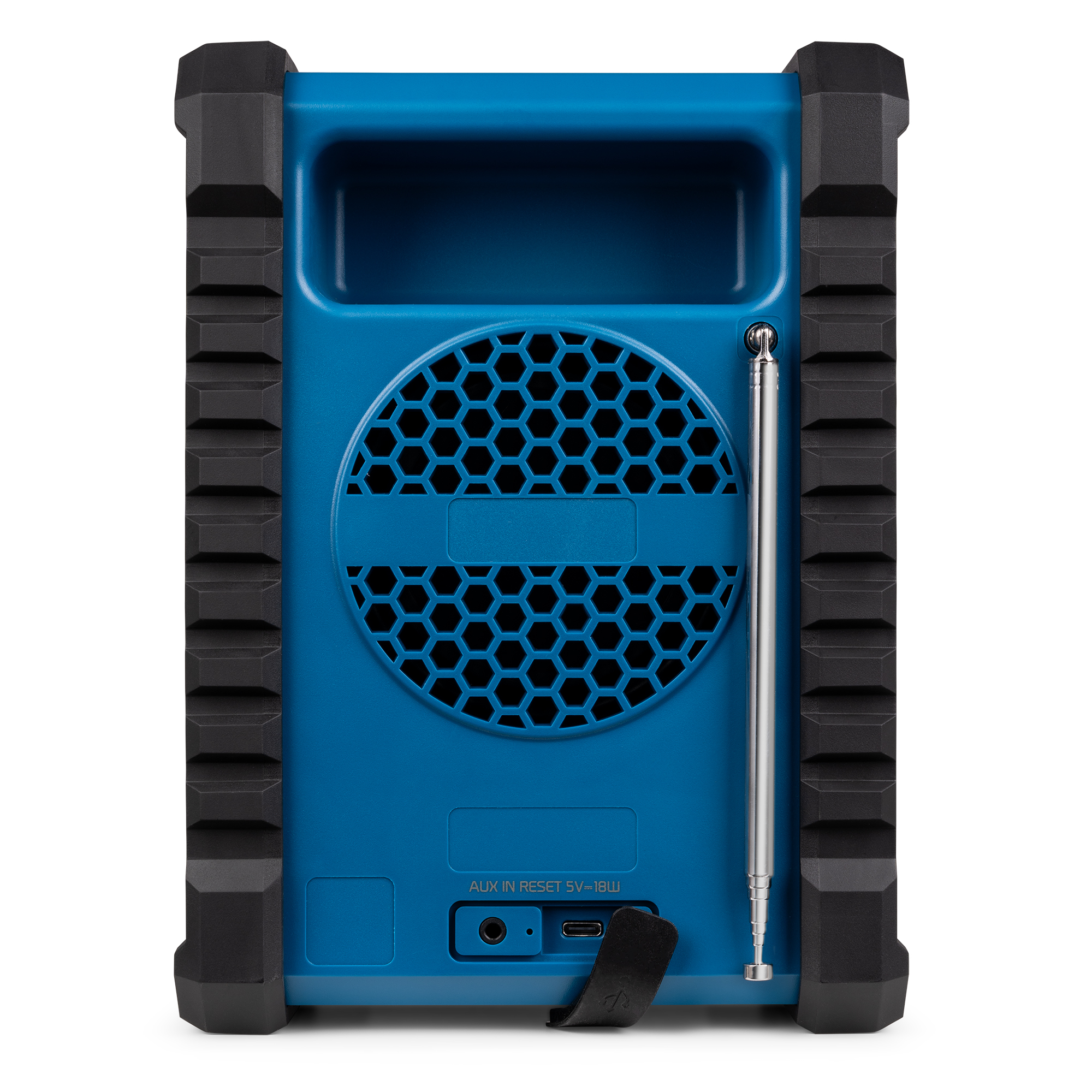 Un altavoz azul y negro con una antena metálica.
