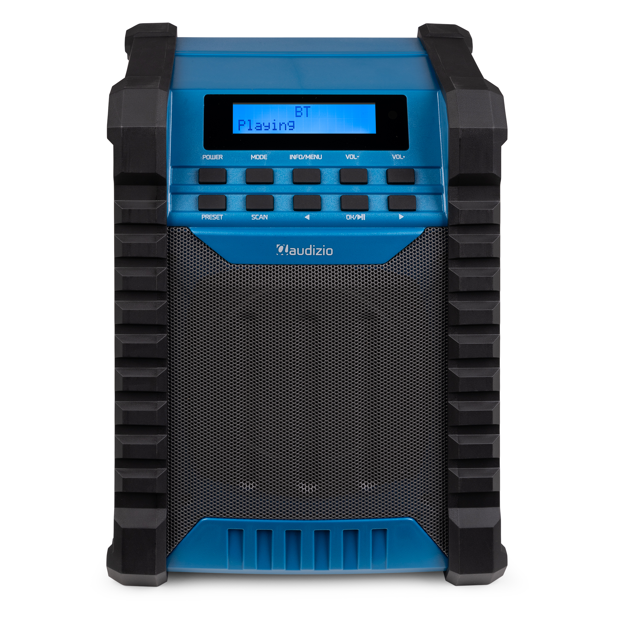 Altavoz azul y negro, con botones de control y una pantalla sobre un fondo blanco.