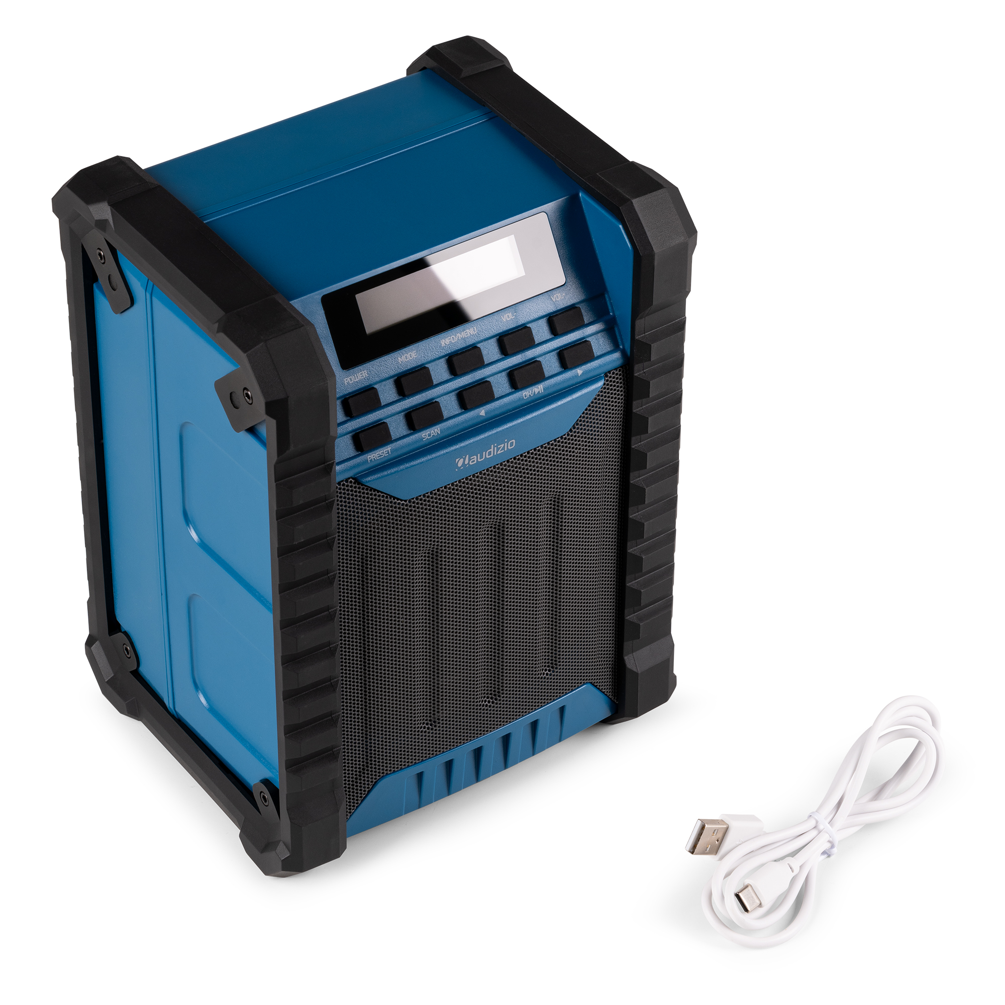 Altavoz de audio azul y negro con controles y un cable USB blanco.