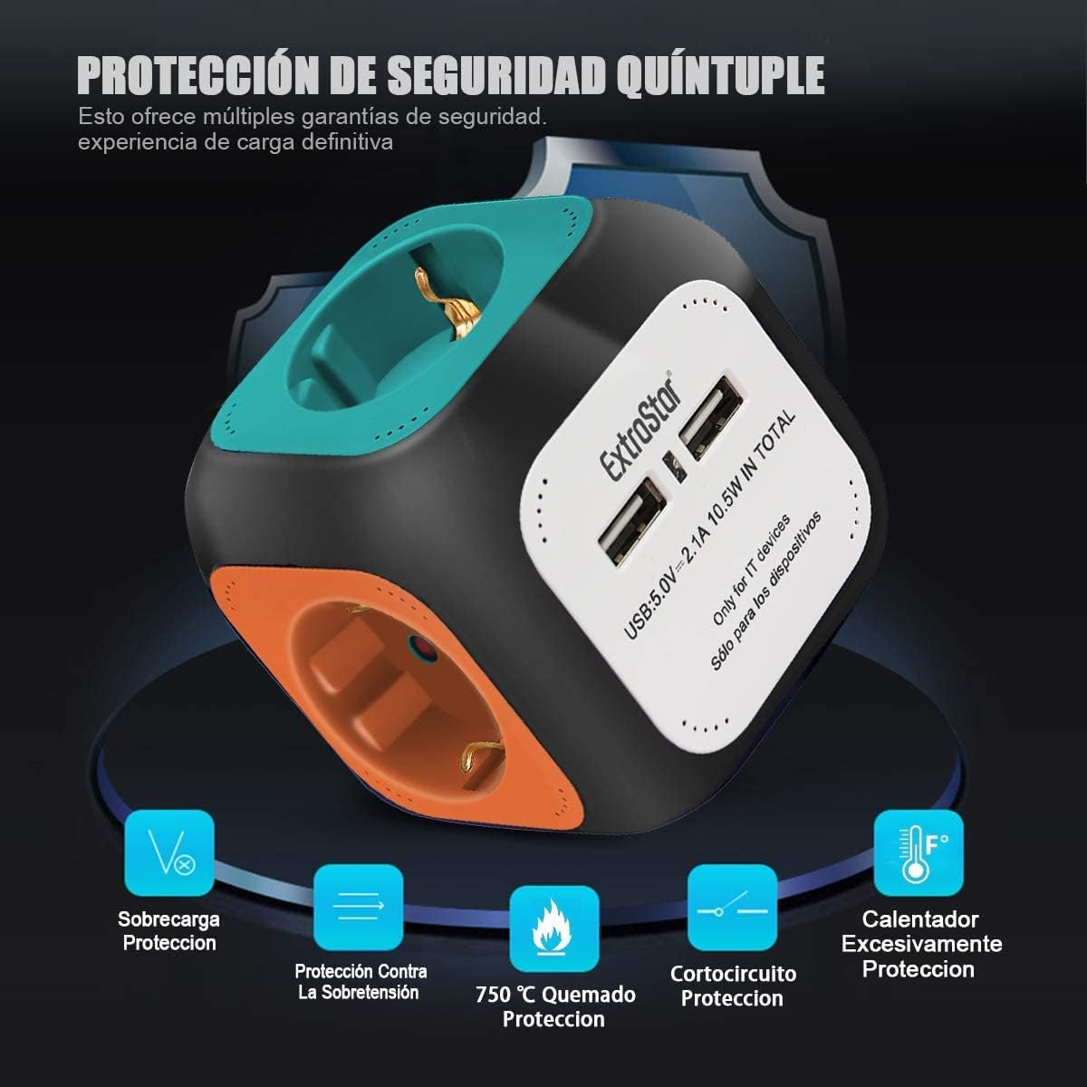 Regleta negra y multicolor con texto e iconos. Fondo azul oscuro.