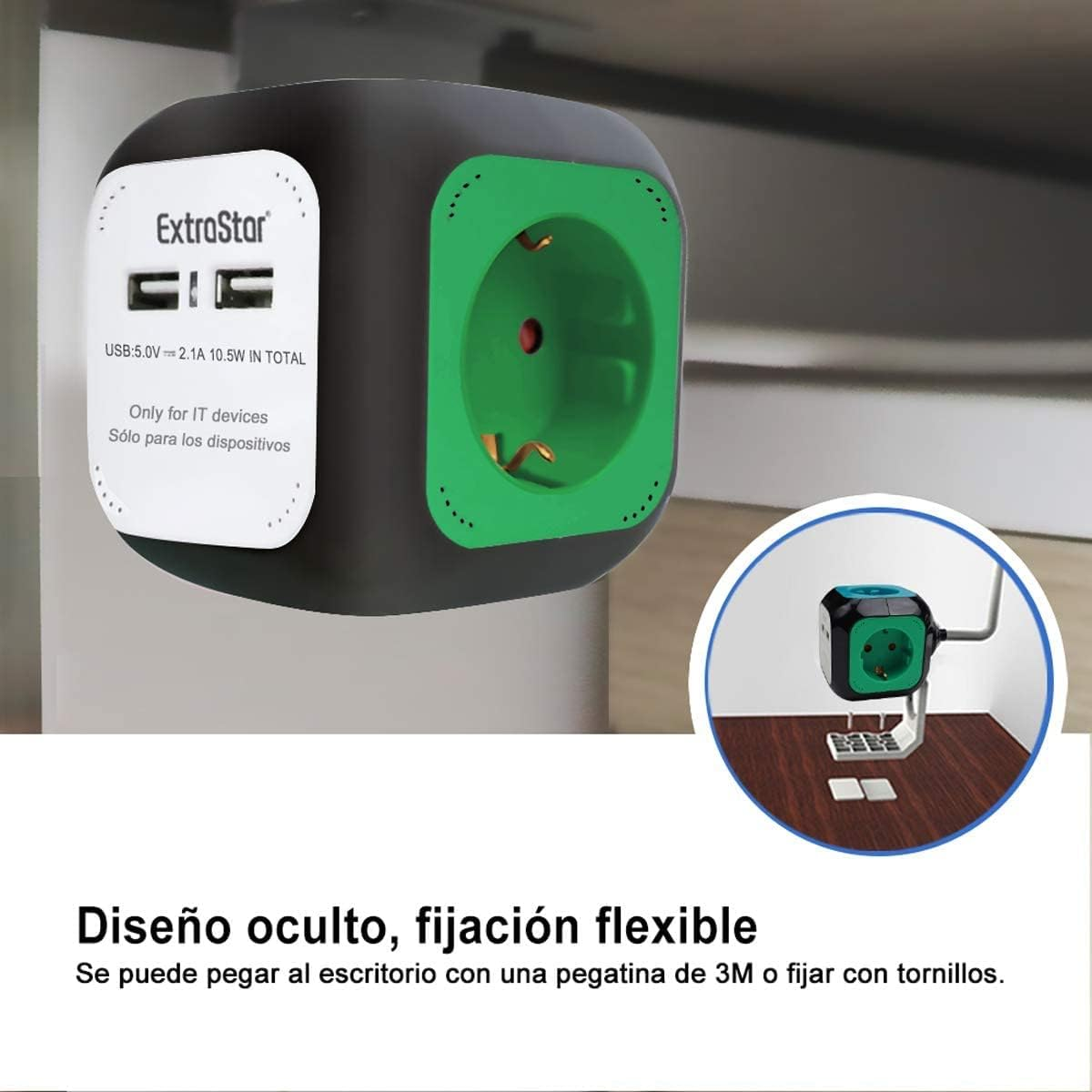 Una regleta negra con dos puertos USB y una toma de corriente verde.