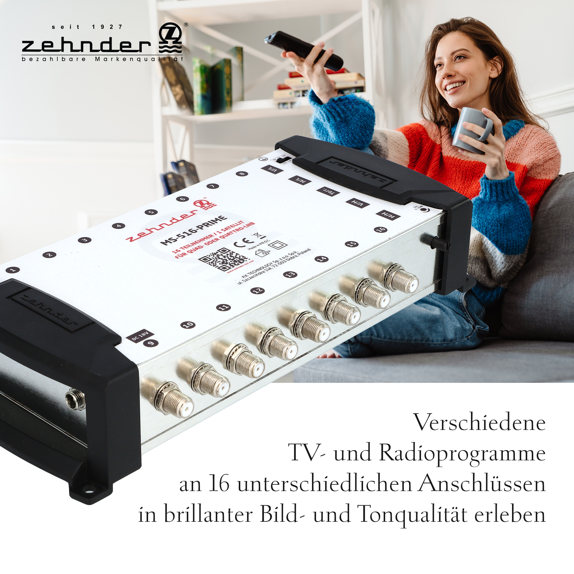 Eine Frau benutzt eine Fernbedienung und ein Gerät mit Zehnder-Logo. Text auf Deutsch über TV- und Radioprogramme.