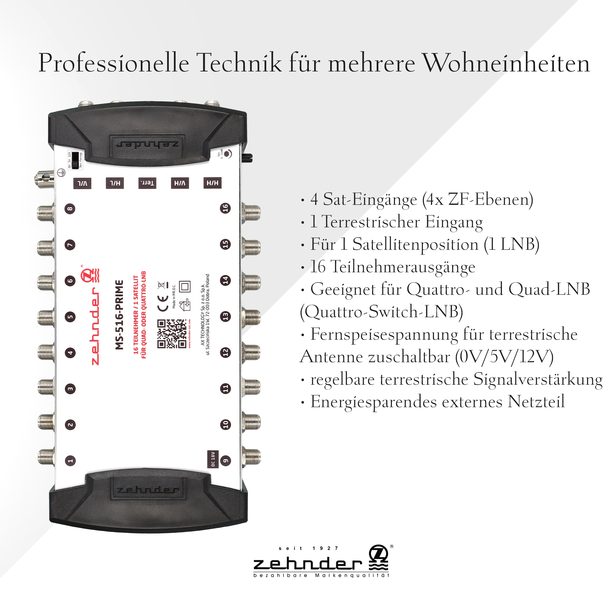 Ein schwarzes Gerät mit mehreren Ein- und Ausgängen, das für Satellitensignale ausgelegt ist.