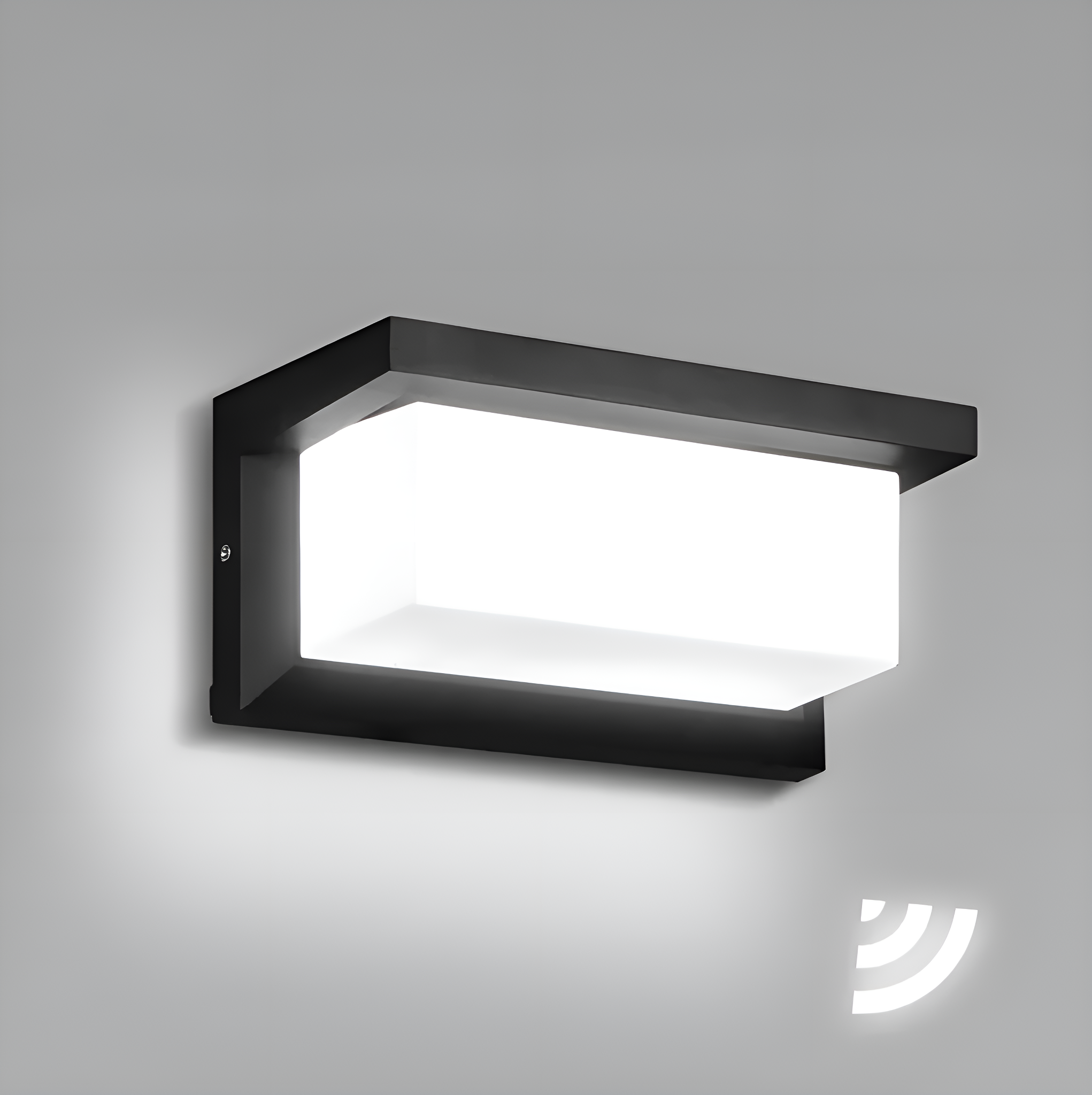 Schwarze rechteckige Außenwandleuchte mit weißem Lichtfeld, das Licht ausstrahlt.