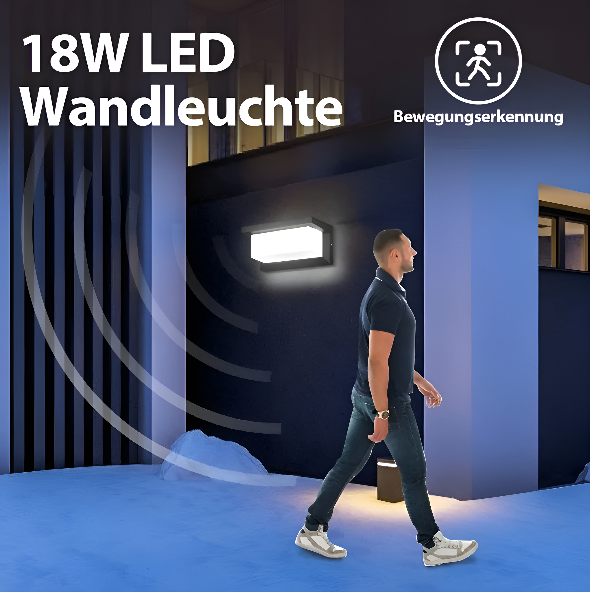 Wand-LED-Leuchte mit einem Mann, der vorbeigeht. Nachtszene mit Bewegungssensor-Label.