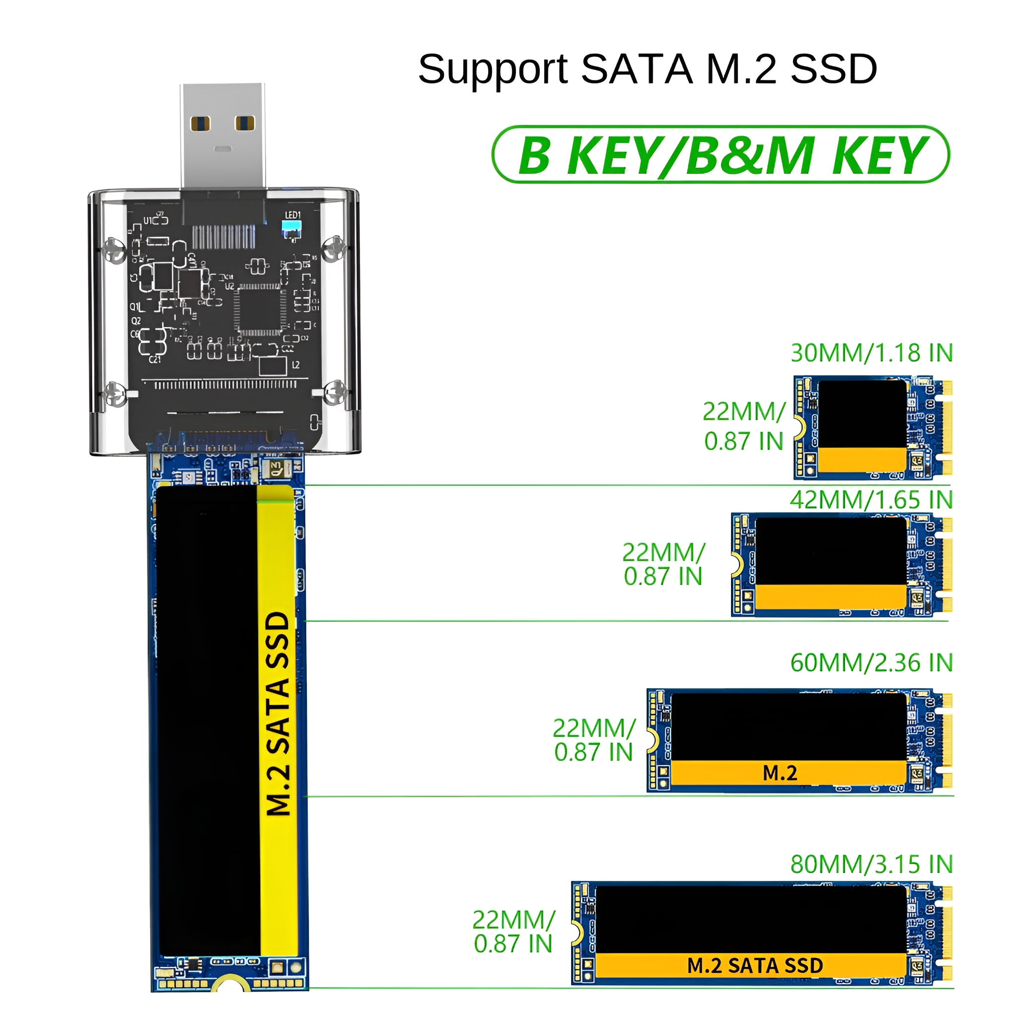 M.2 SATA SSD-Karten und ein USB-Adapter, in verschiedenen Größen dargestellt. Der Adapter ist transparent.