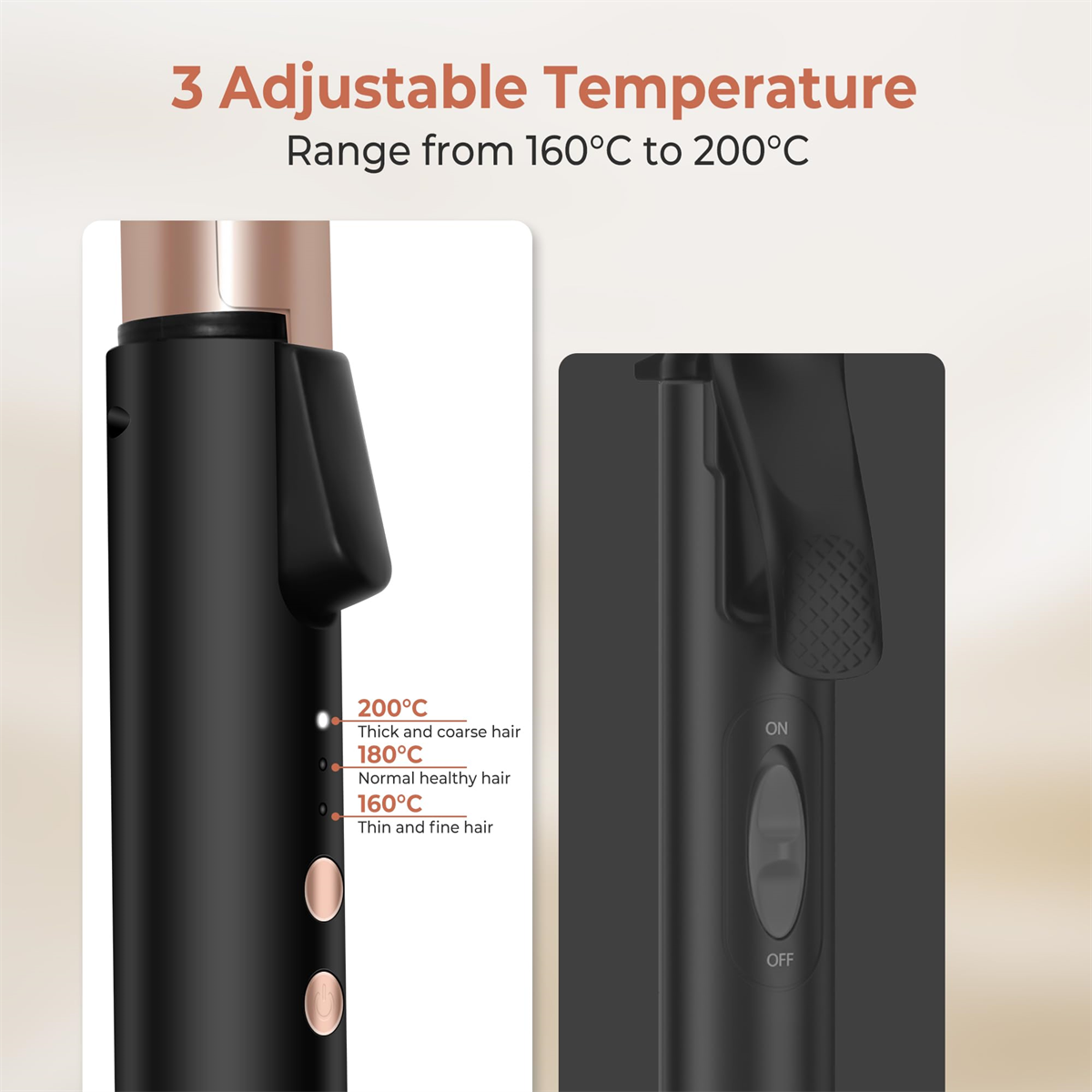 Bild eines Lockenstabs. Text: 3 Einstellbare Temperaturen. Bereich von 160°C bis 200°C.