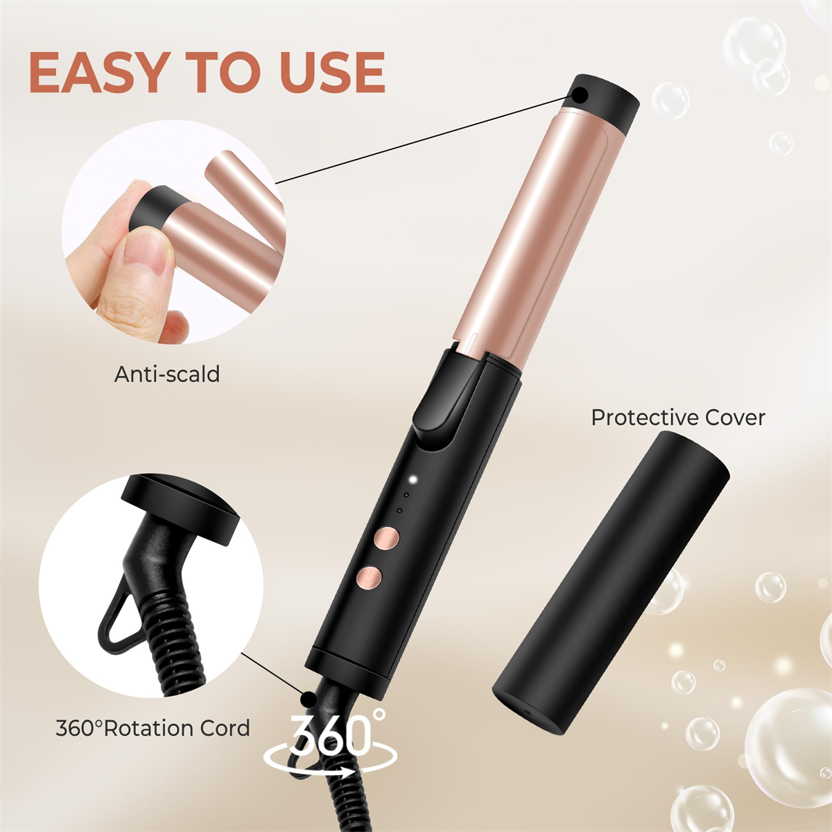 Haar Lockenstab, mit schwarzem Griff und roségoldenem Lauf. Merkmale: 360°-Drehschnur und Schutzhülle.
