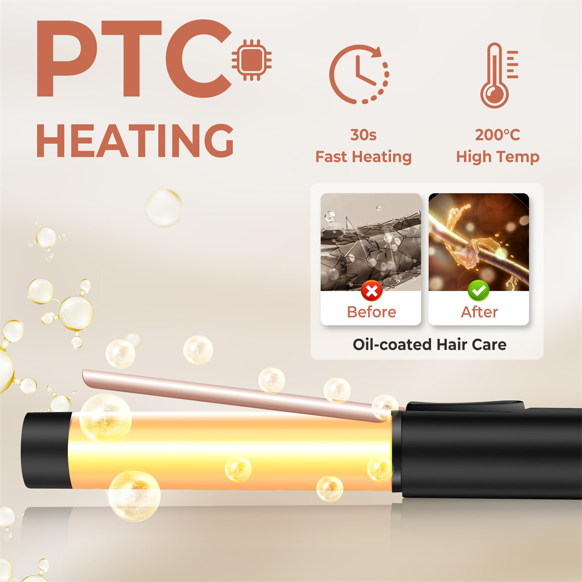 Haarglätter mit Vorher-Nachher-Bildern des Haares. Text über PTC-Heizung und Ölpflege.