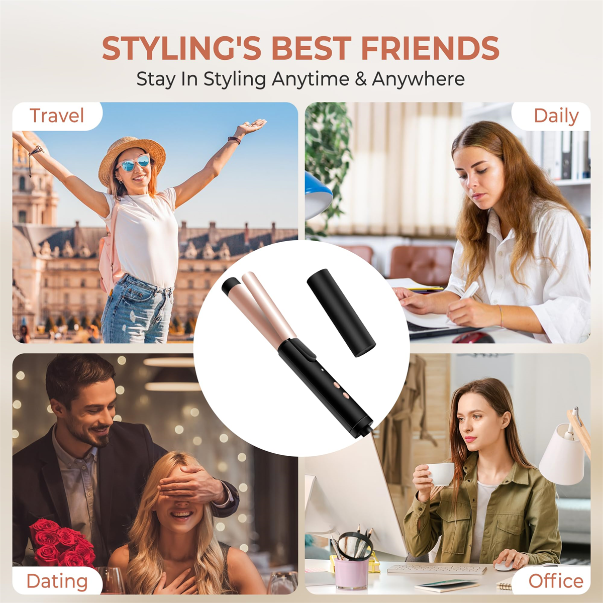 Collage von Styling-Tools und Szenen: Reisen, Dating, Alltag und Büroumgebungen.