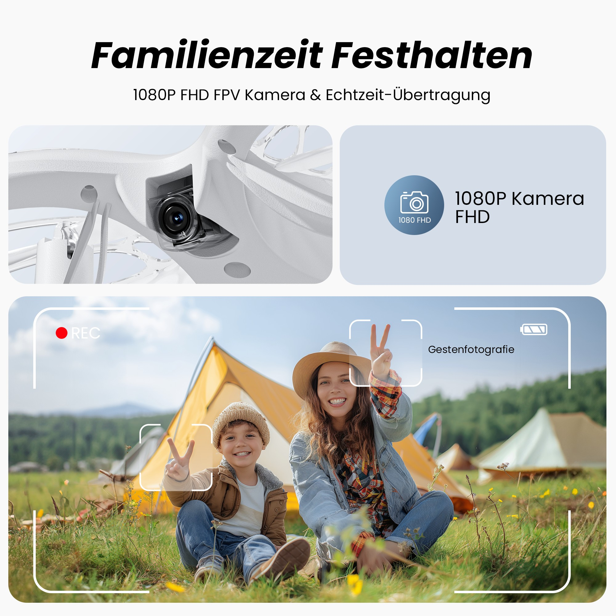 Eine Familie mit einem Kind macht Friedenszeichen in einem Feld, neben einem Zelt. Eine Drohne und eine Kamera sind vorhanden.