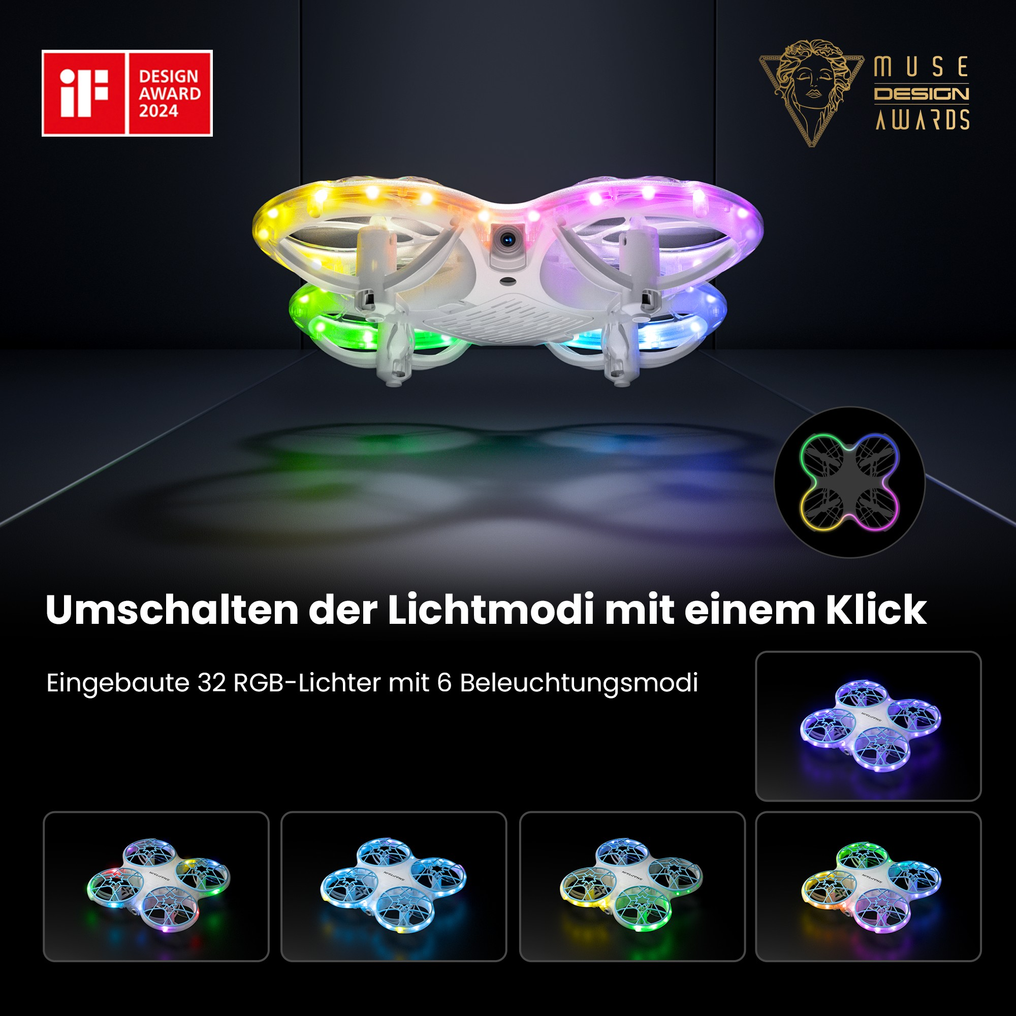 Eine weiße Drohne mit bunten Lichtern wird gezeigt. Mehrere Lichtmodi werden zusammen mit Auszeichnungslogos gezeigt.
