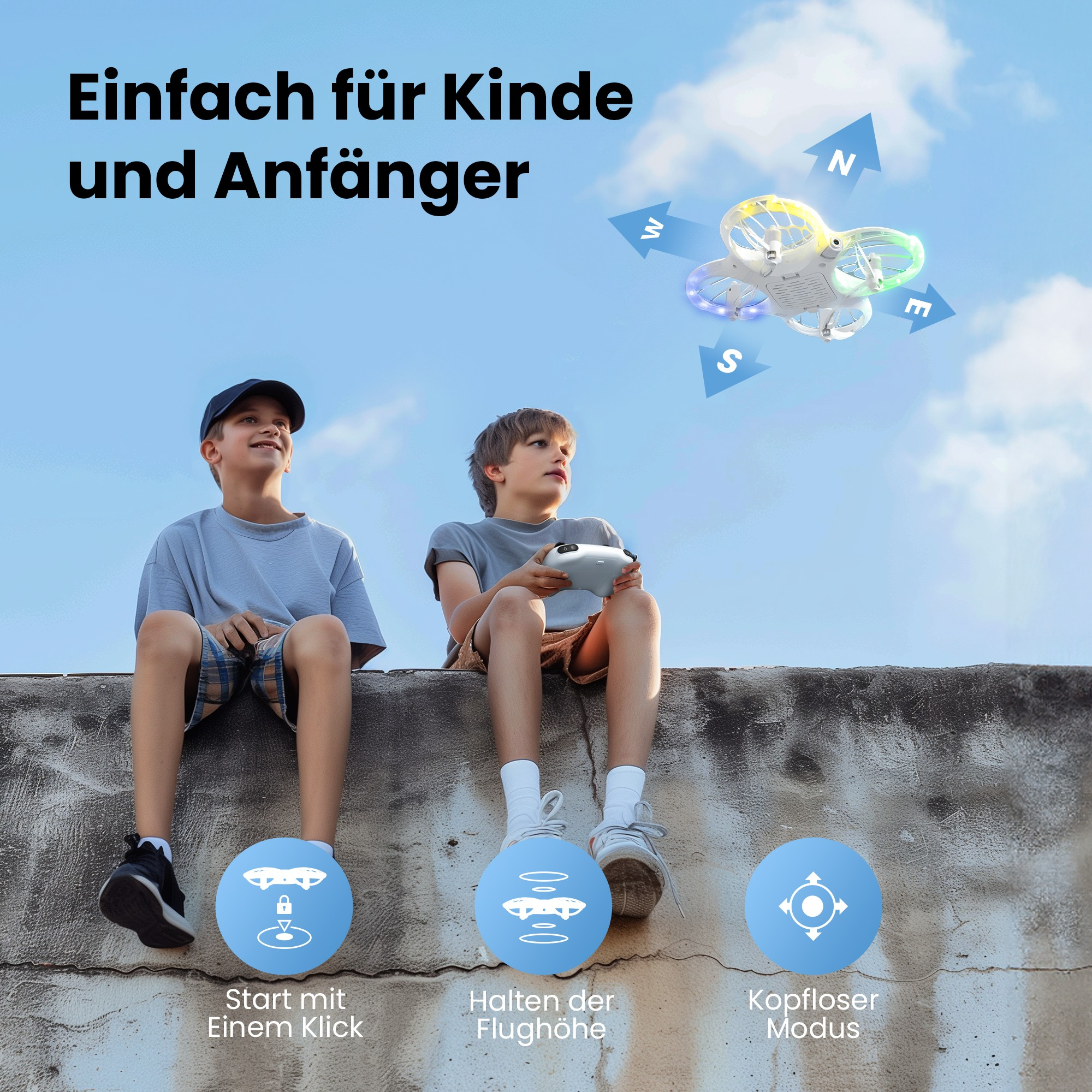 Zwei Jungen, einer mit Fernbedienung, der andere schaut auf eine Drohne mit Richtungs pfeilen darüber.
