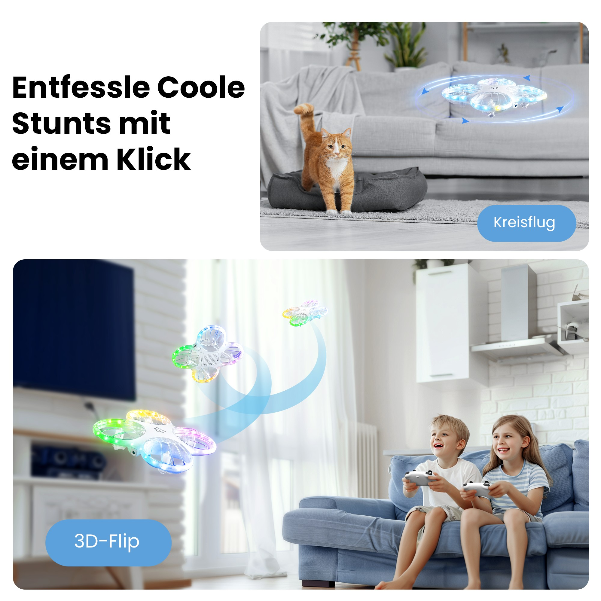 Bild mit einer Drohne und spielenden Kindern. Text auf Deutsch. Im Hintergrund ist eine Katze.