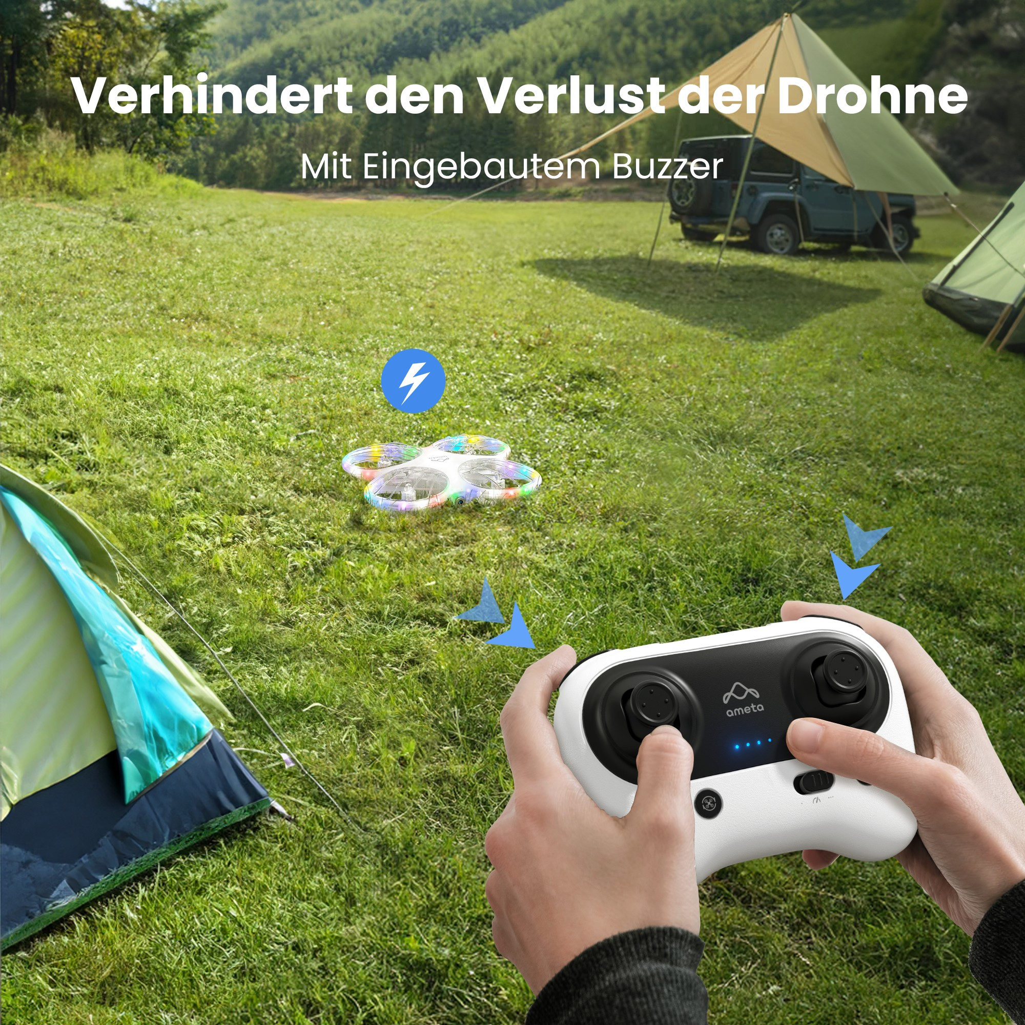 Drohne, Controller und Zelt auf einer Wiese. Die Drohne hat bunte Lichter.