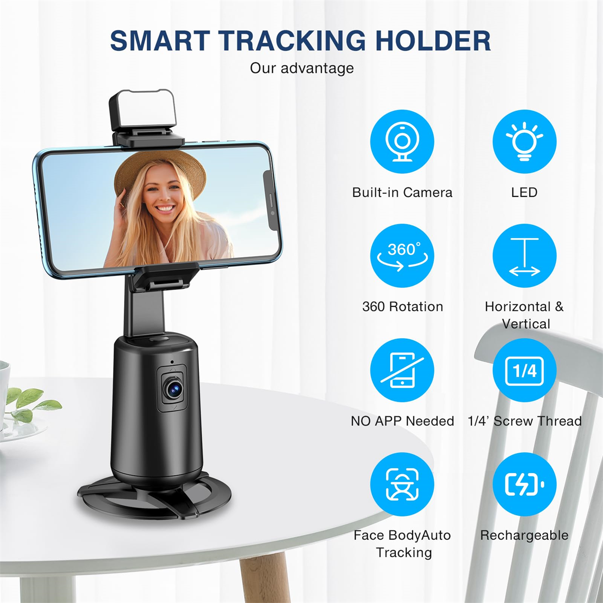 Schwarzer Telefonständer mit Telefon. Frau auf dem Bildschirm. Funktionen: Kamera, LED, 360° Drehung, vertikal, Schraubgewinde, Tracking.