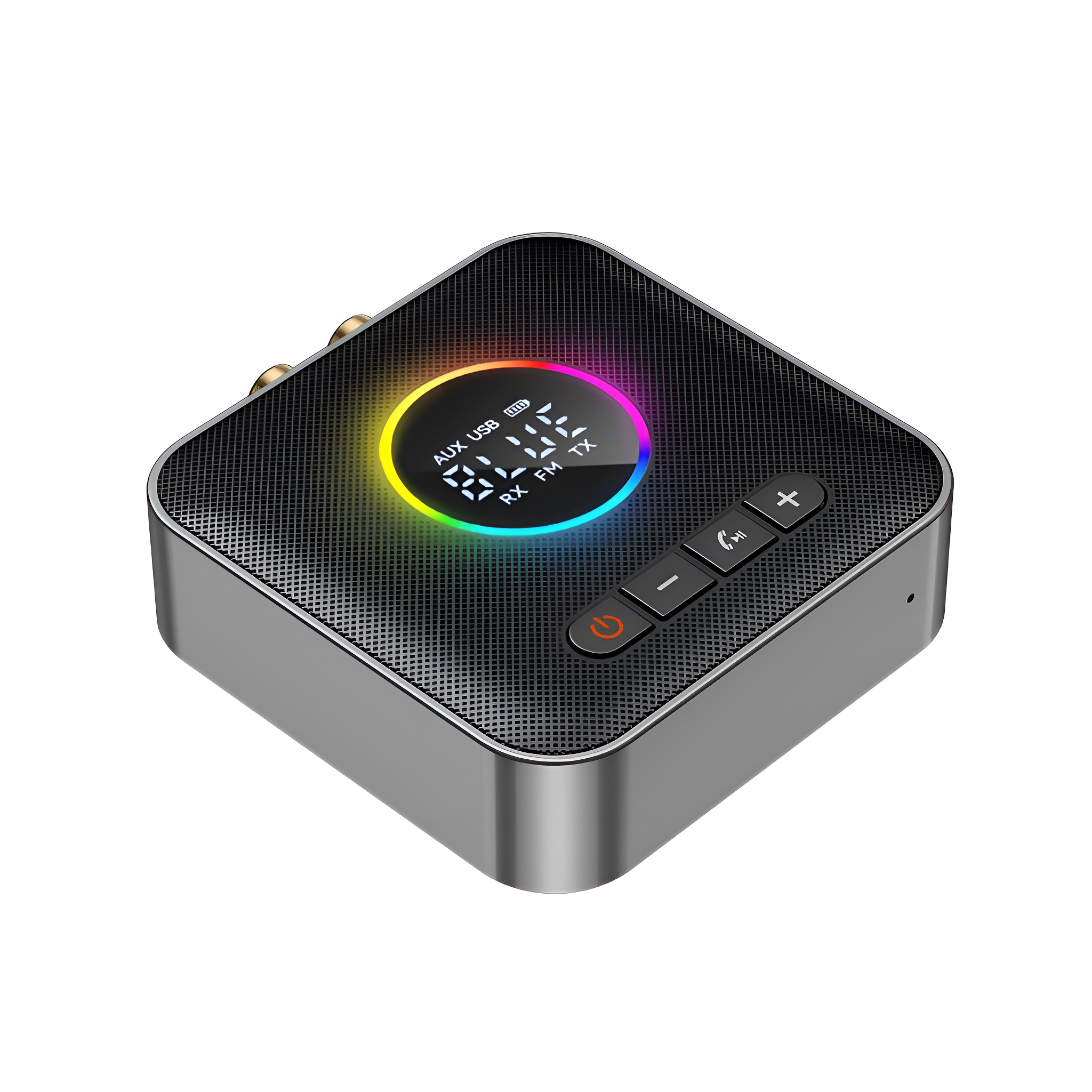 Schwarzer und grauer Lautsprecher mit farbenfrohem LED-Display und Tasten.