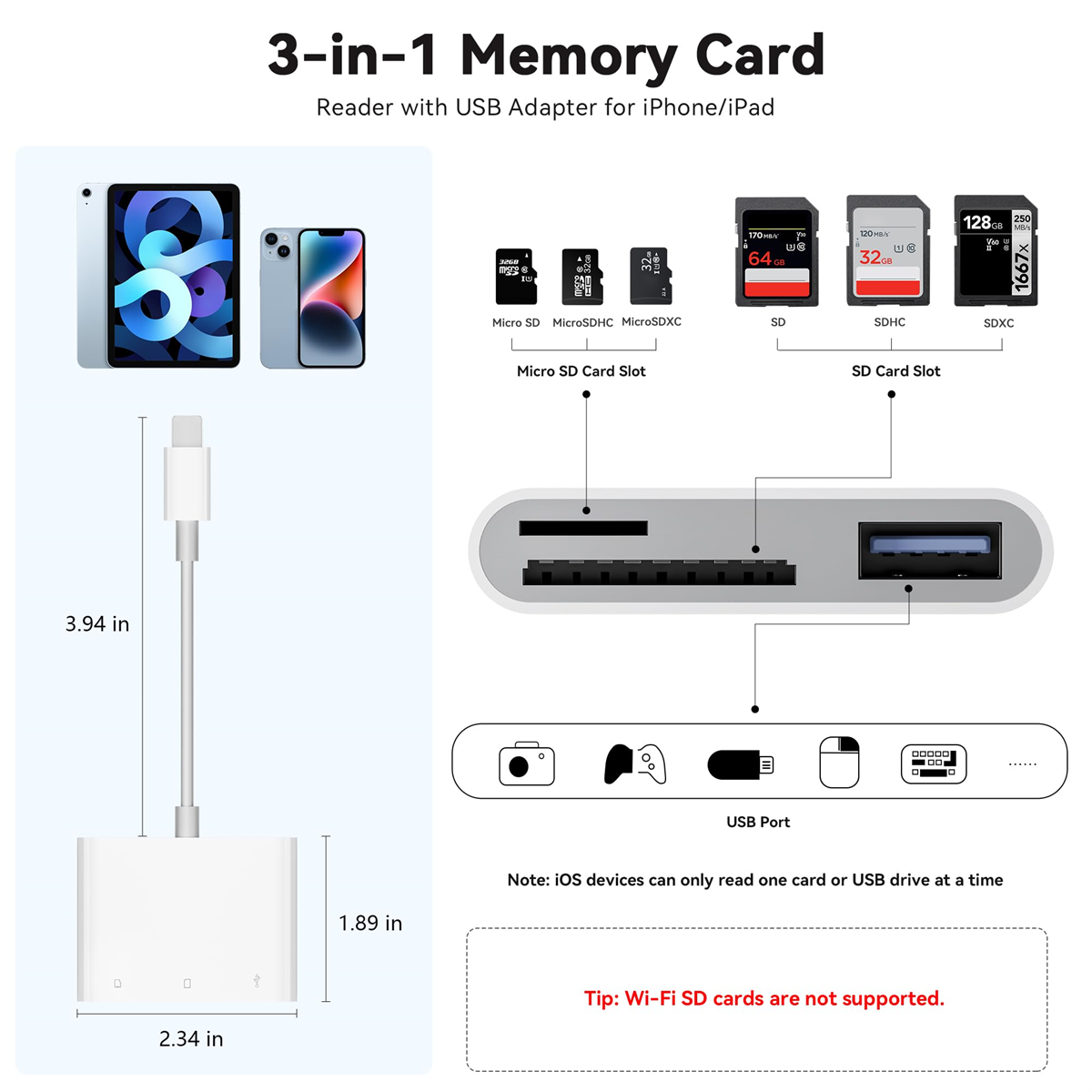 3-in-1-Speicherkartenleser mit Kabeln, Tablet und Telefon.