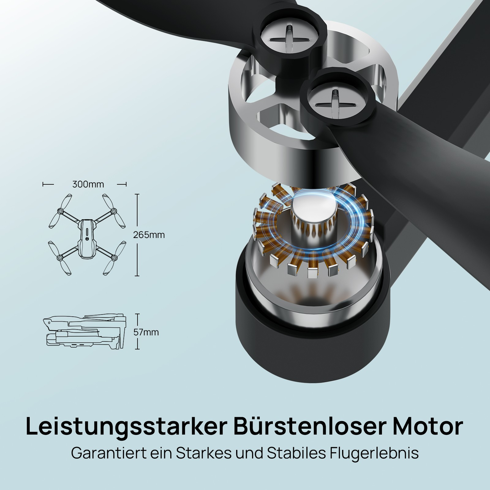 Diagramm eines Drohnenmotors und Propelleranordnung, mit Abmessungen.