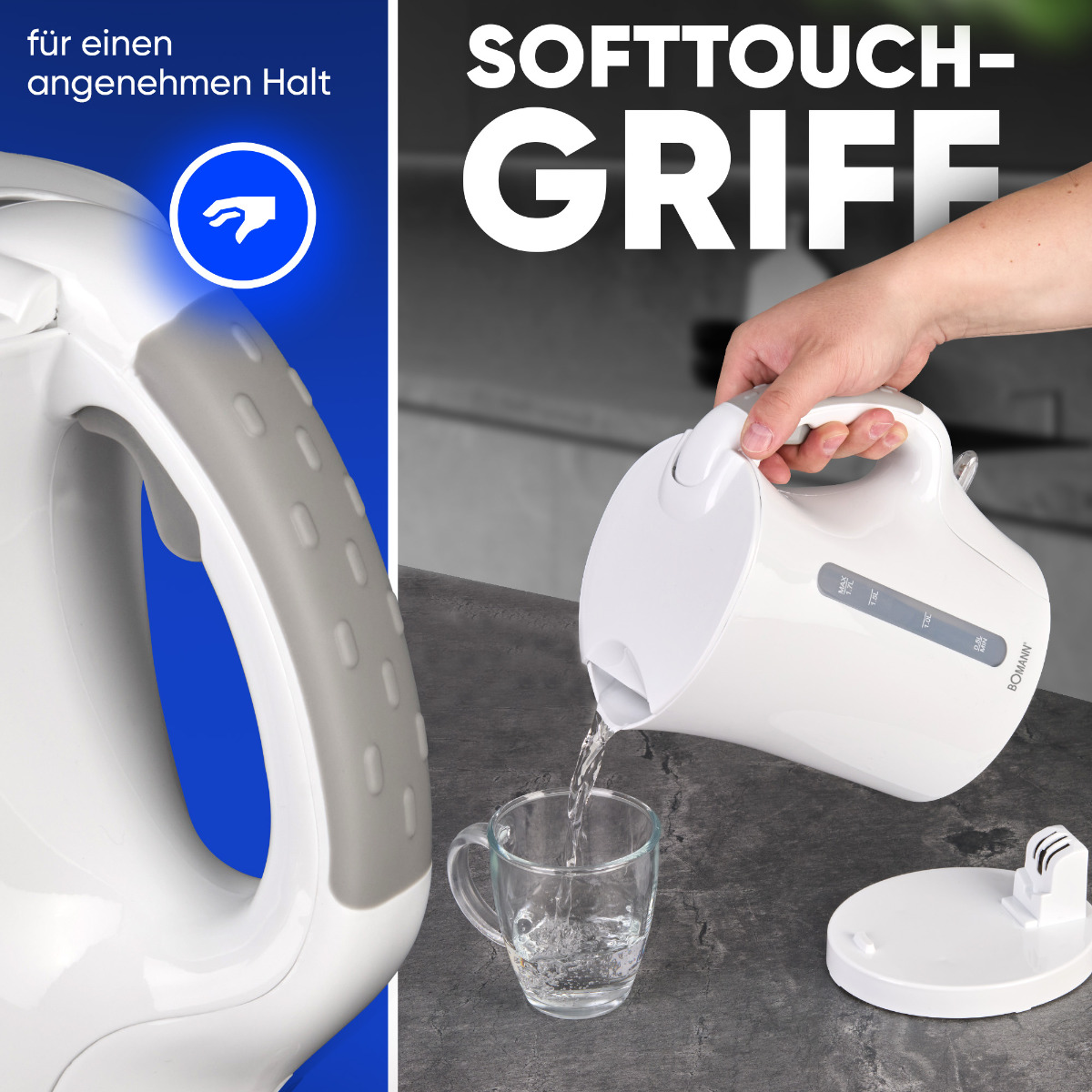 Biały czajnik nalewa wodę do szklanki, z tekstem i diagramem.