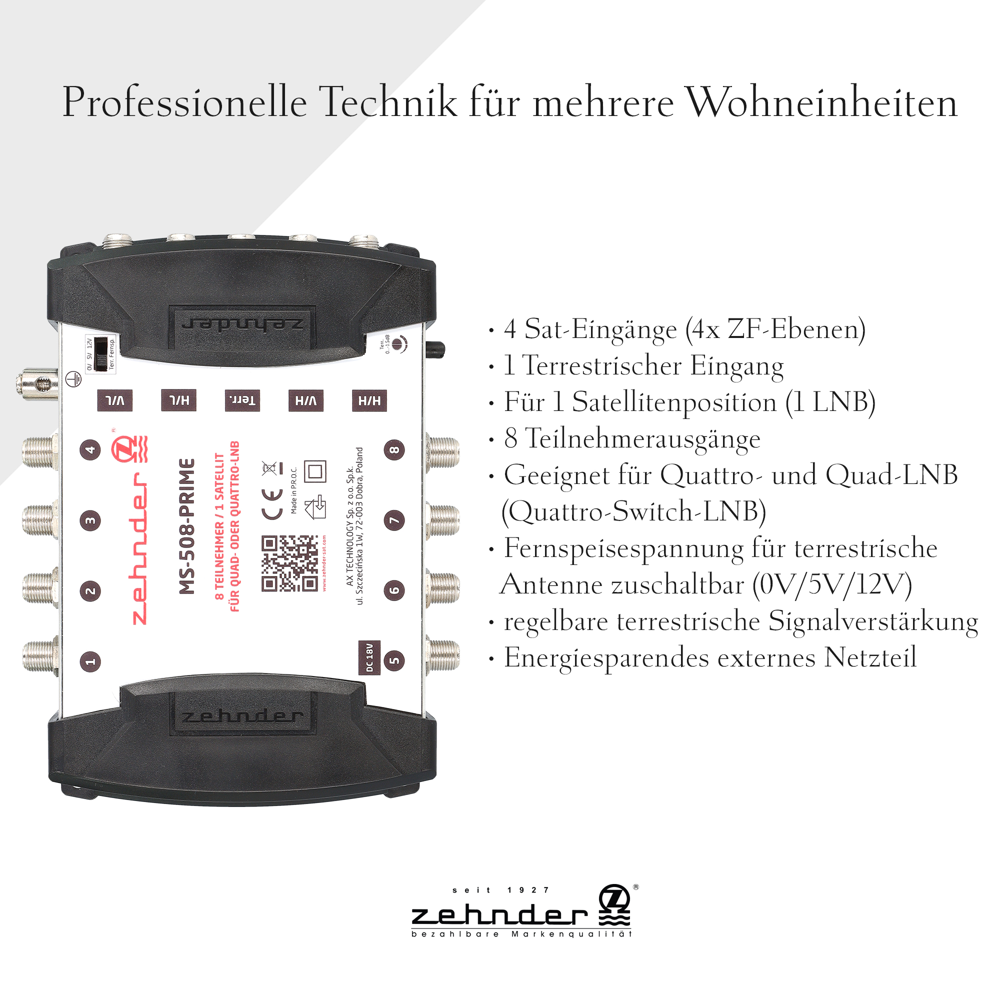 Produktbox mit deutschem Text. Es hat mehrere Anschlüsse und ist schwarz und silber.