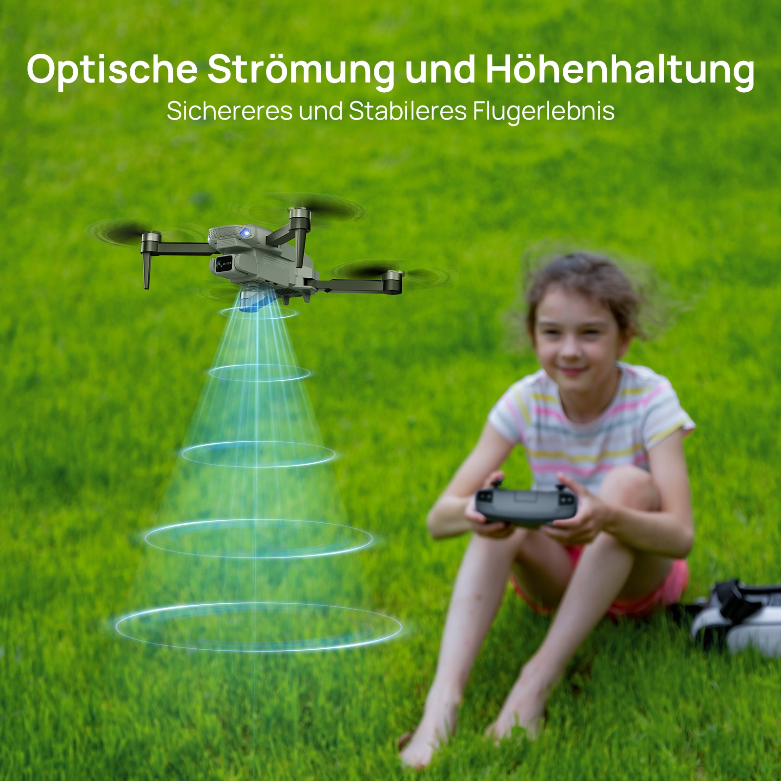 Drohne im Flug, grüner Gras Hintergrund, Mädchen hält Fernbedienung. Text über optischen Fluss und Höhe.