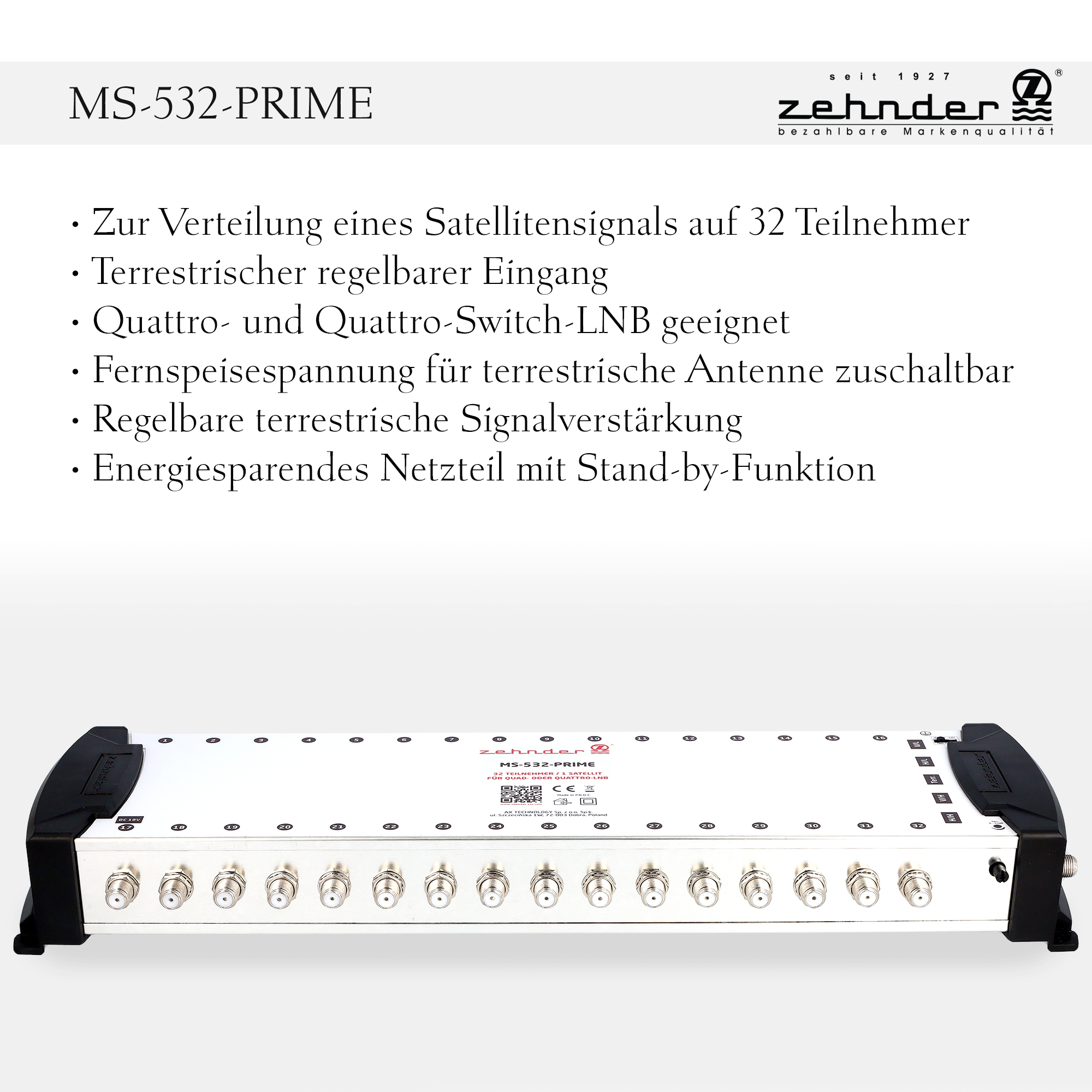 Silbernes MS-532-PRIME Gerät mit mehreren Anschlüssen und Text auf Deutsch.