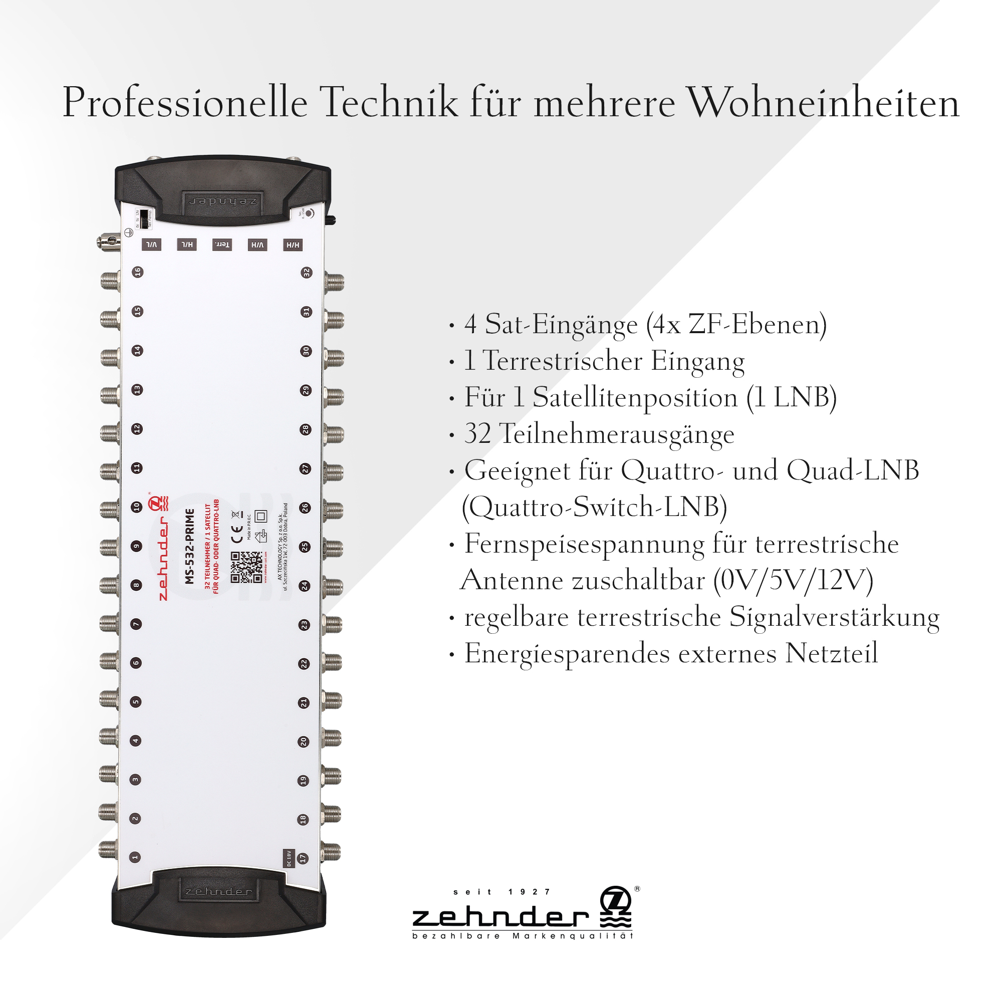 Ein weiß-silbernes Gerät mit mehreren Anschlüssen und Details, begleitet von deutschem Text.