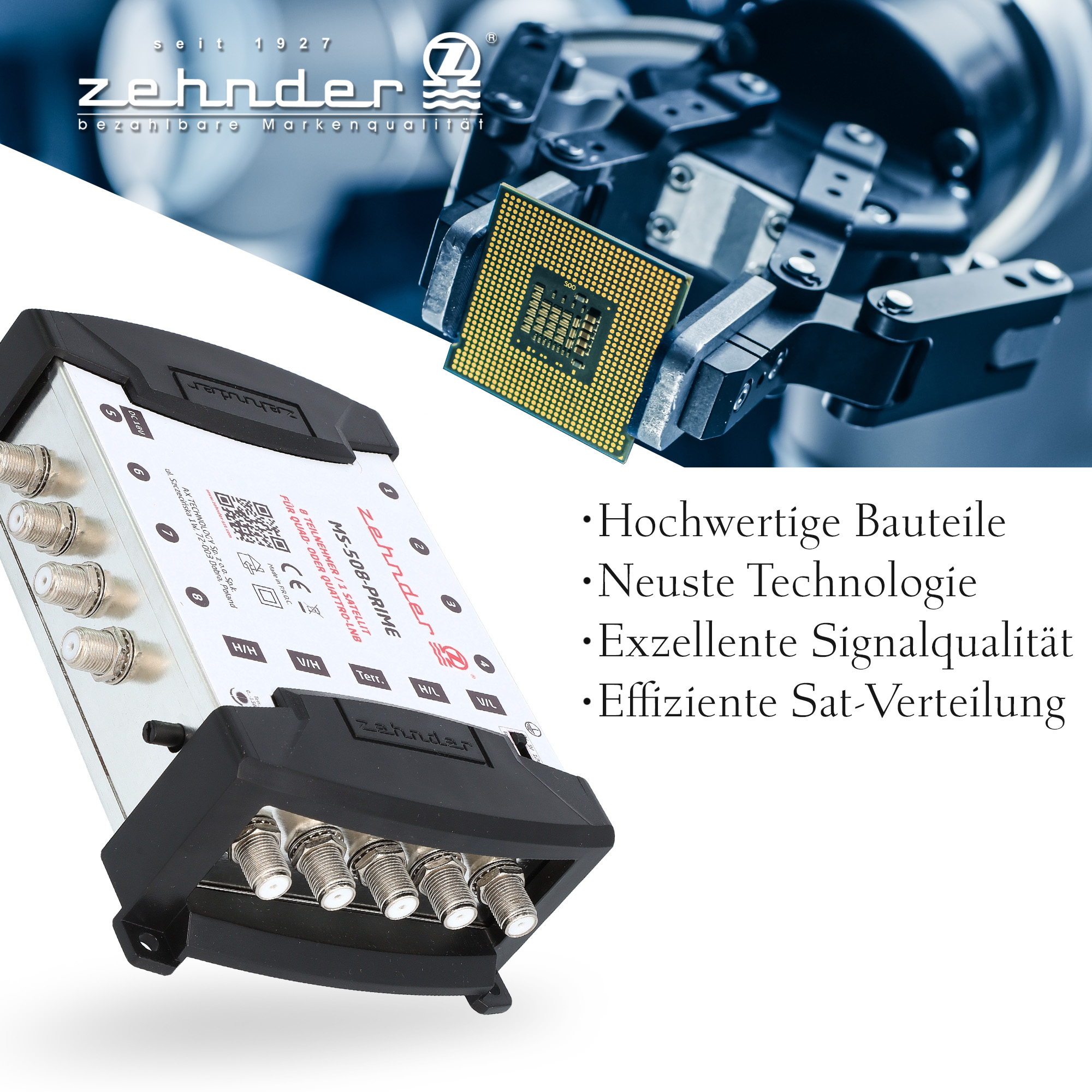 Elektronikgerät mit Text. Ein Prozessor ist sichtbar. Weißer Hintergrund.