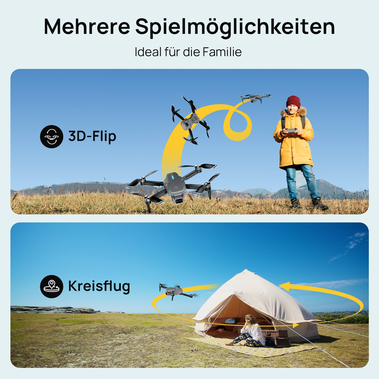 Drohnen im Flug, mit einem Kind, das eine steuert, und einem Zelt im Hintergrund. Die Szene ist im Freien.