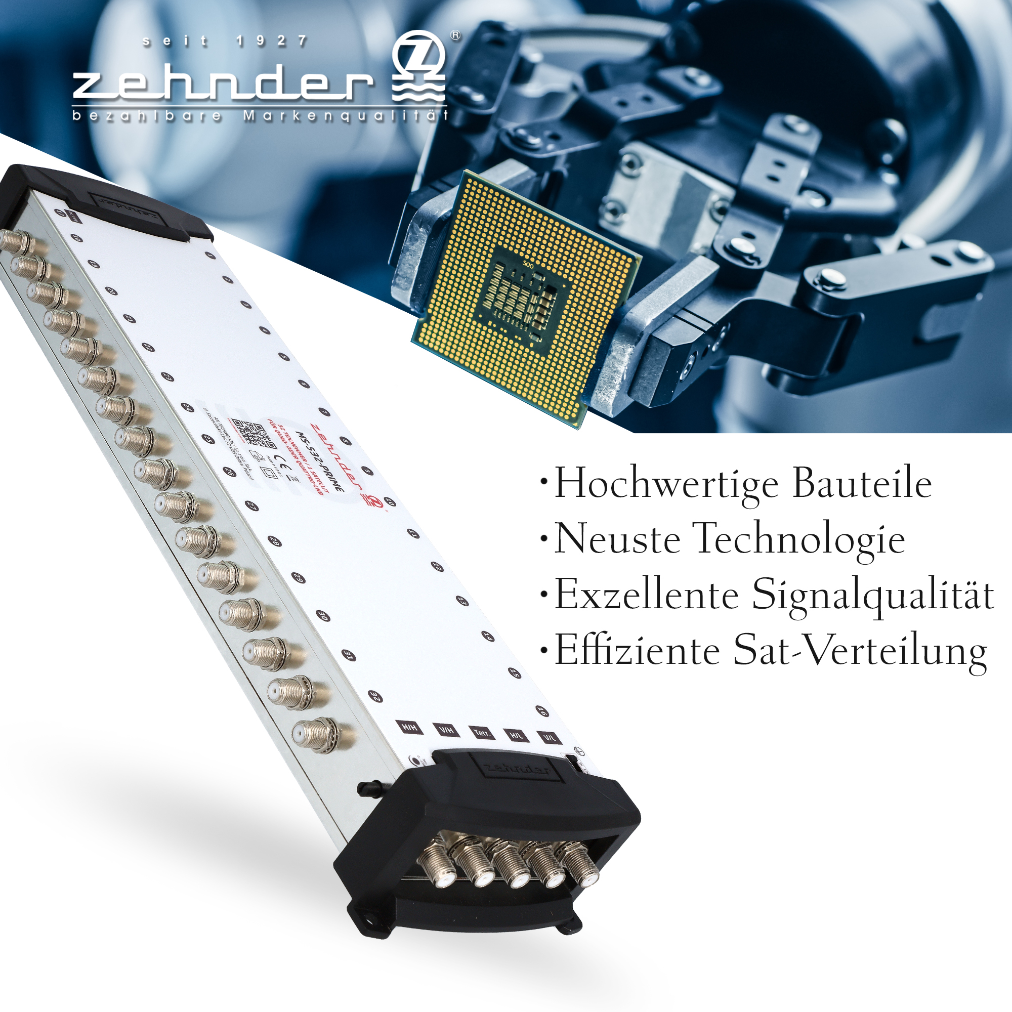 Silbernes Zehnder-Gerät, eine CPU und Text über Qualität, Technologie und Signal.