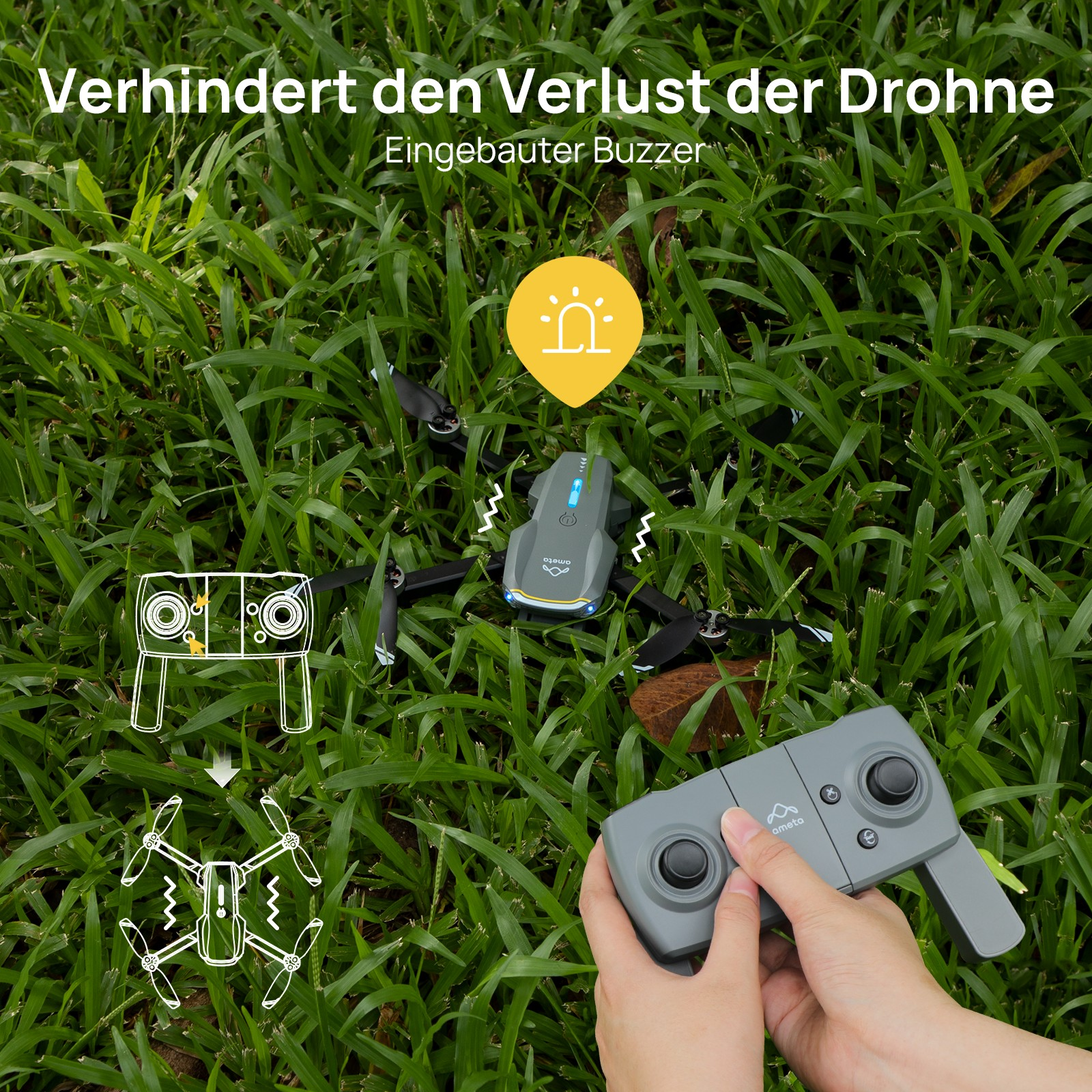Eine Drohne mit Fernbedienung über Gras. Text: Verhindert den Drohnenverlust.