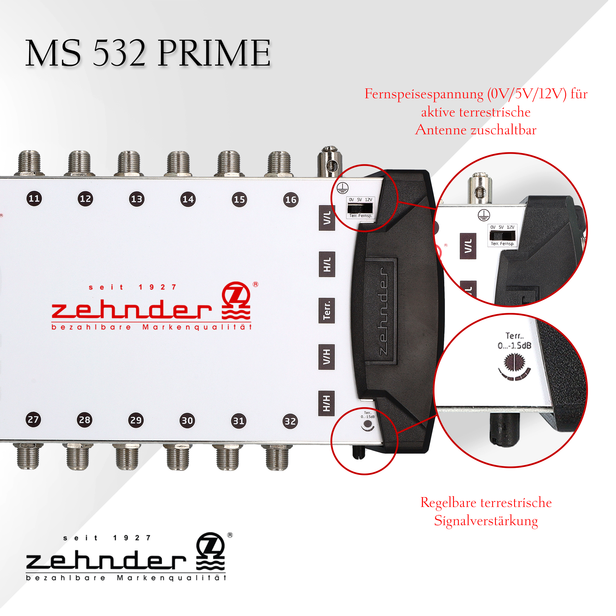 MS 532 PRIME Gerät. Text über seine Funktionen. Nahaufnahme der Rückseite.