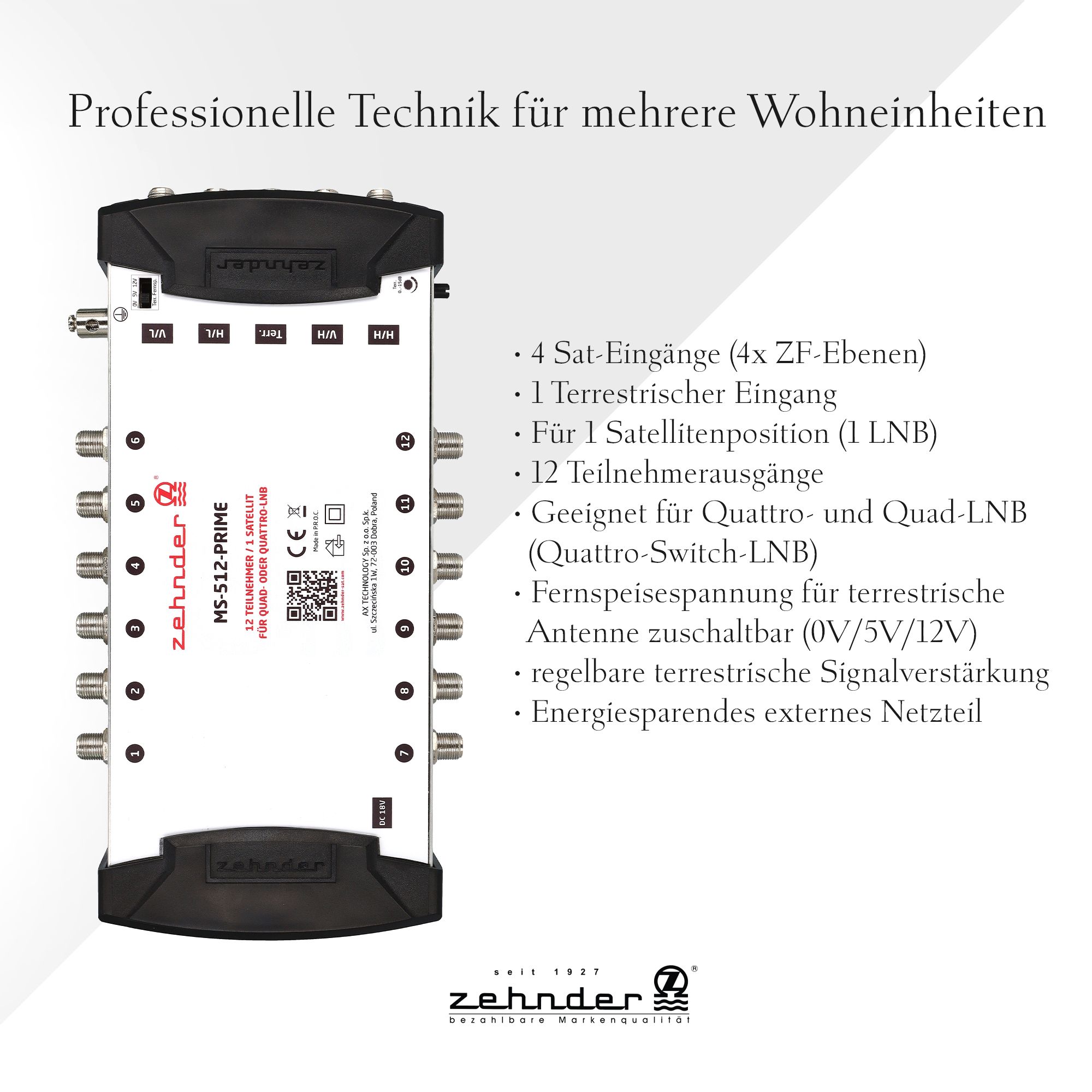 Ein weißer und schwarzer Satellitenreceiver mit vielen Anschlüssen und Text auf Deutsch.