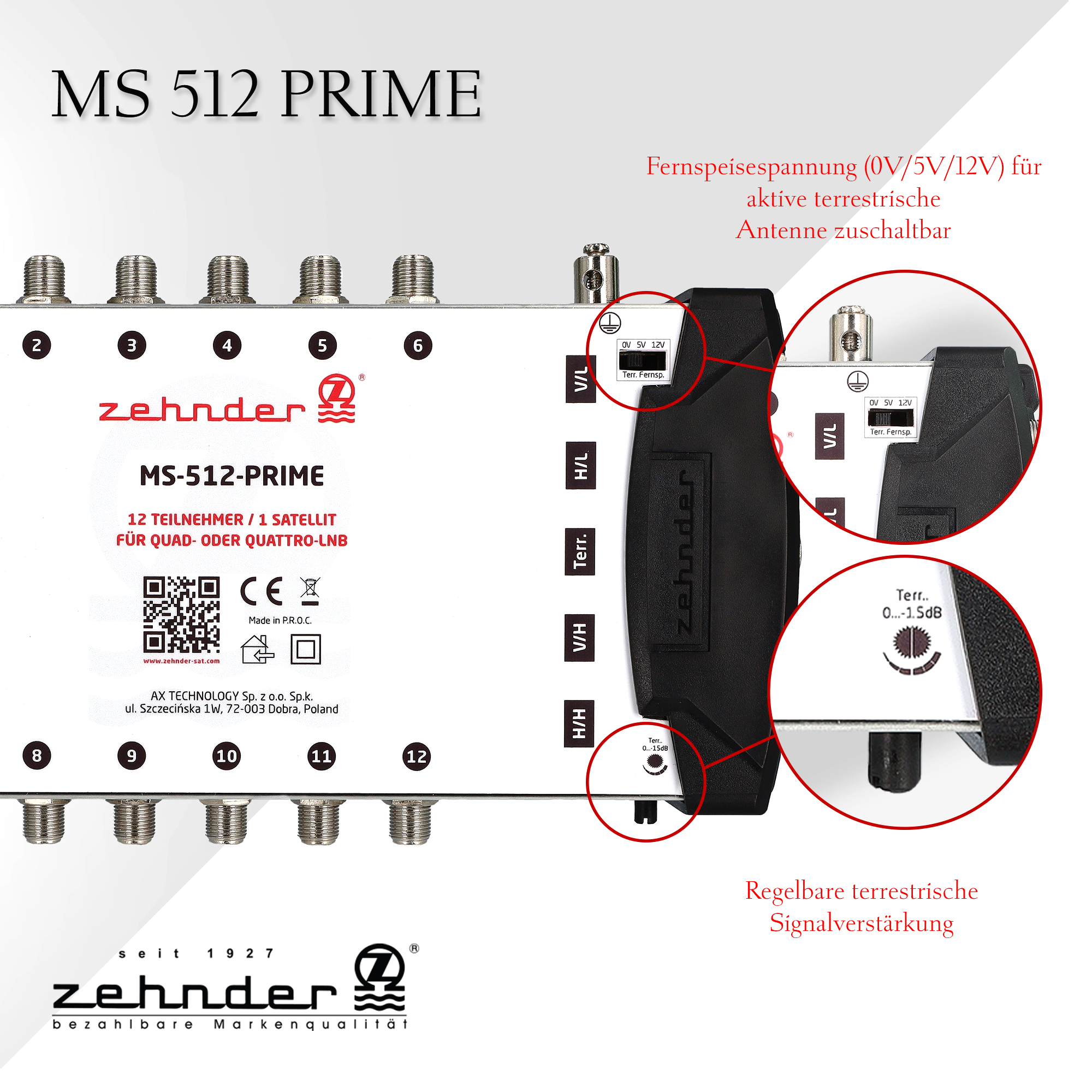Zehnder MS 512 PRIME: ein silberner Splitter mit Antenneneingängen, mit Beschriftungen und Details.