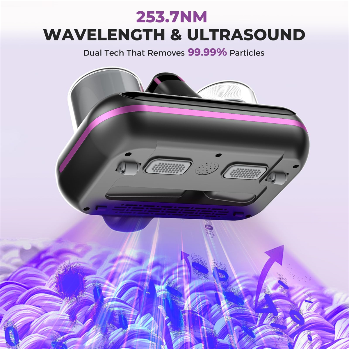 Schwarzes Gerät mit violettem Licht, das von unten ausgeht. Text: 253,7 nm Wellenlänge & Ultraschalltechnologie.