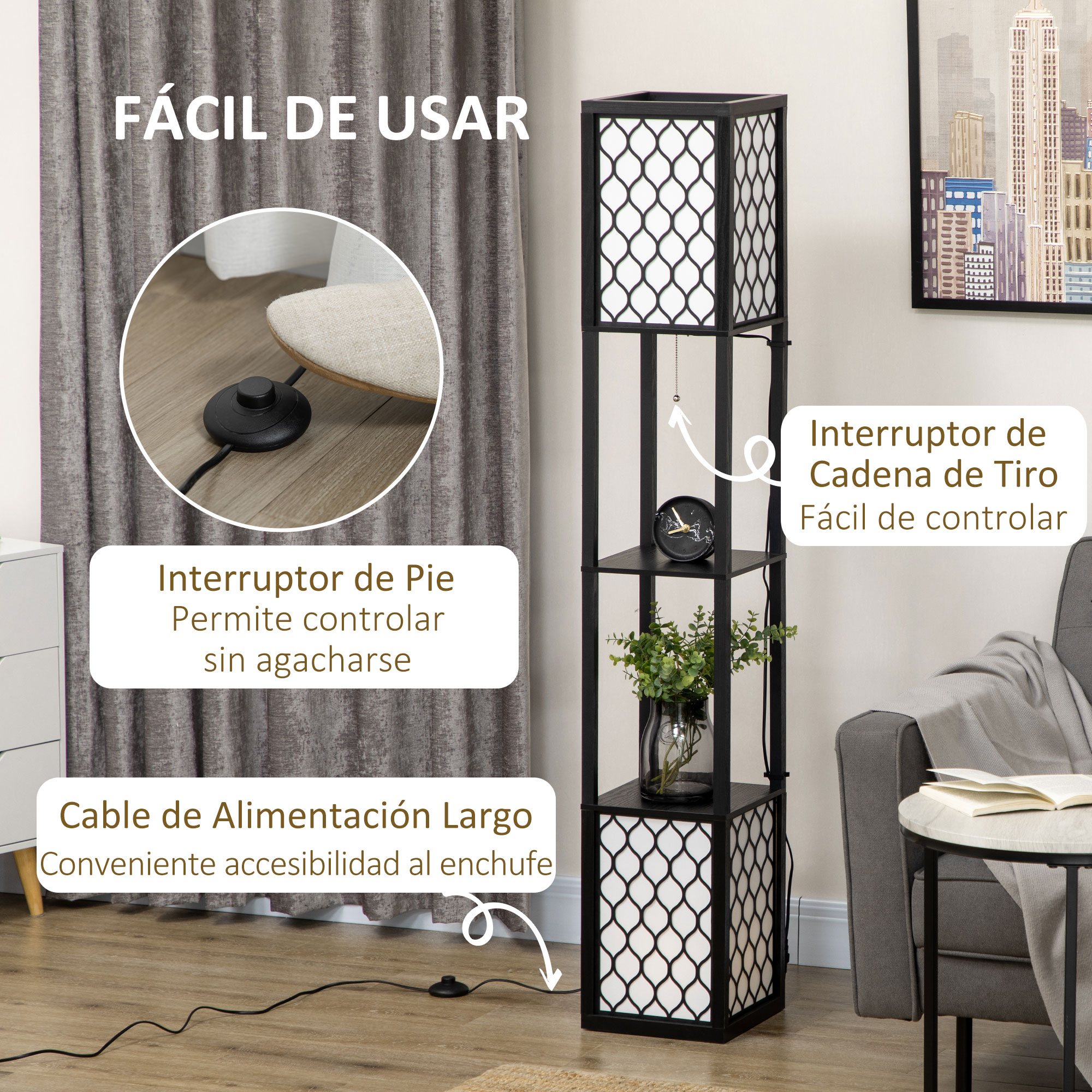 Lámpara de pie negra con diseño cuadrado. Tiene interruptor y cable de alimentación largo.