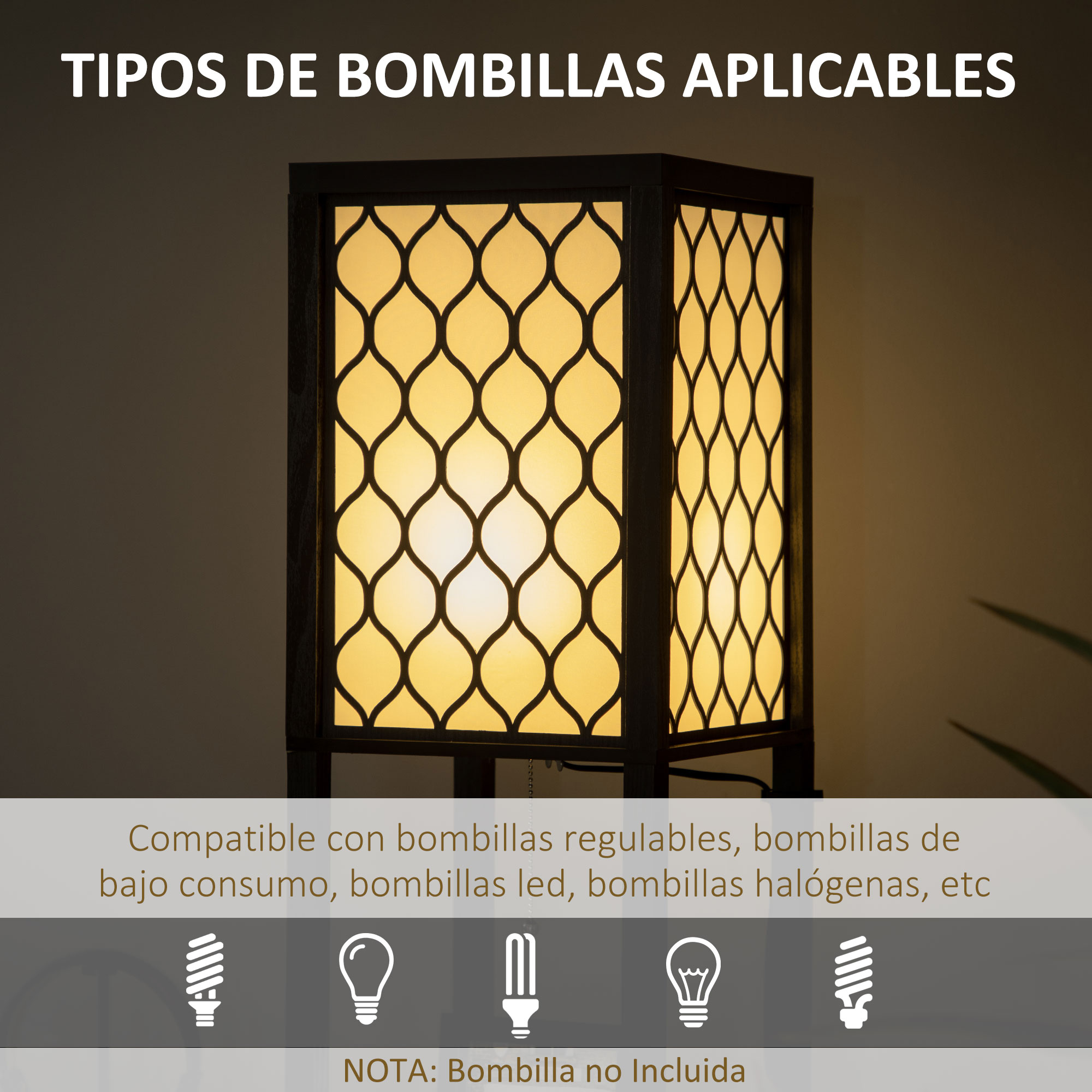 Una lámpara de mesa con marco de madera oscura y pantalla amarilla estampada.