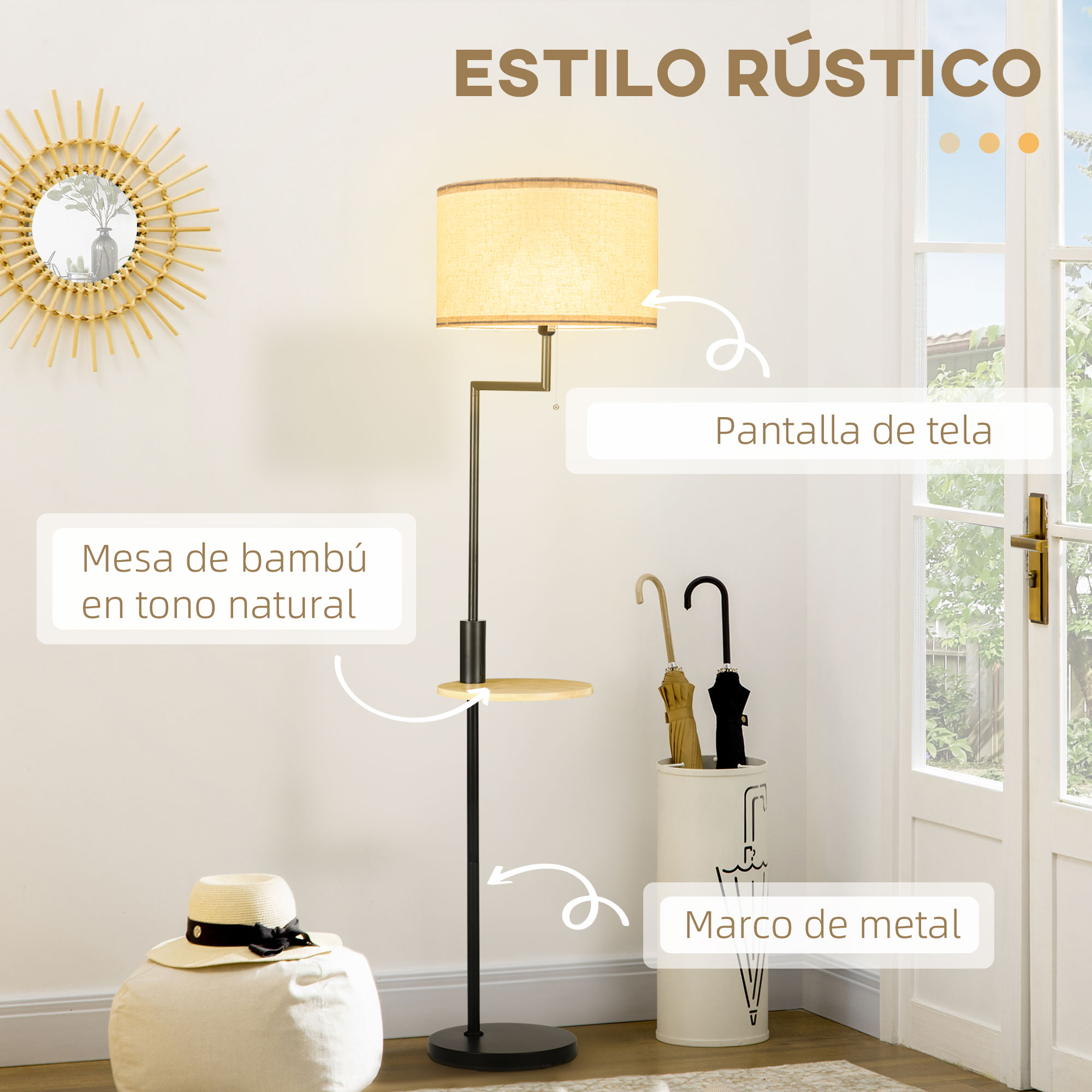 Una lámpara de pie de estilo rústico con una mesa de bambú en tono natural, con sombrero, paraguas y espejo.