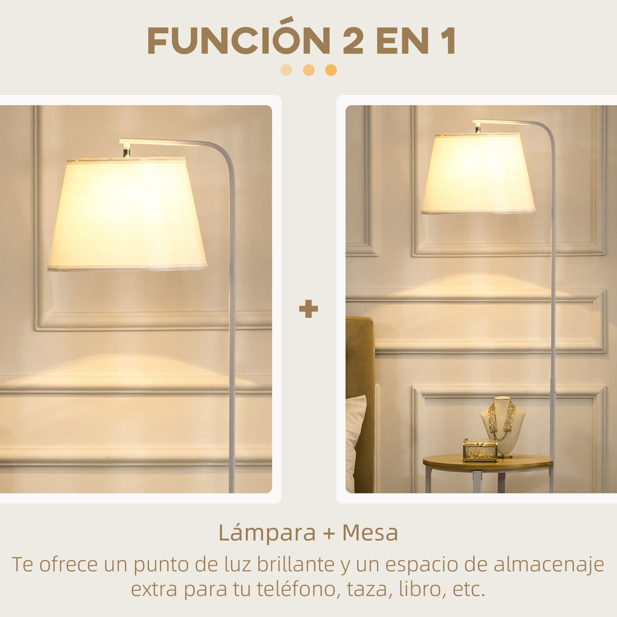 Una lámpara con una mesa y joyas. La lámpara es blanca y el fondo es una pared.