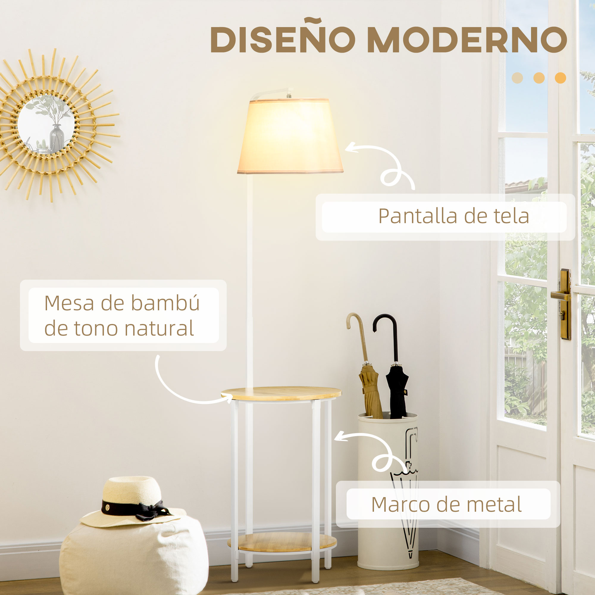 Configuración moderna de habitación con lámpara de pie, mesa pequeña, sombrero y espejo. Pared blanca y puerta.