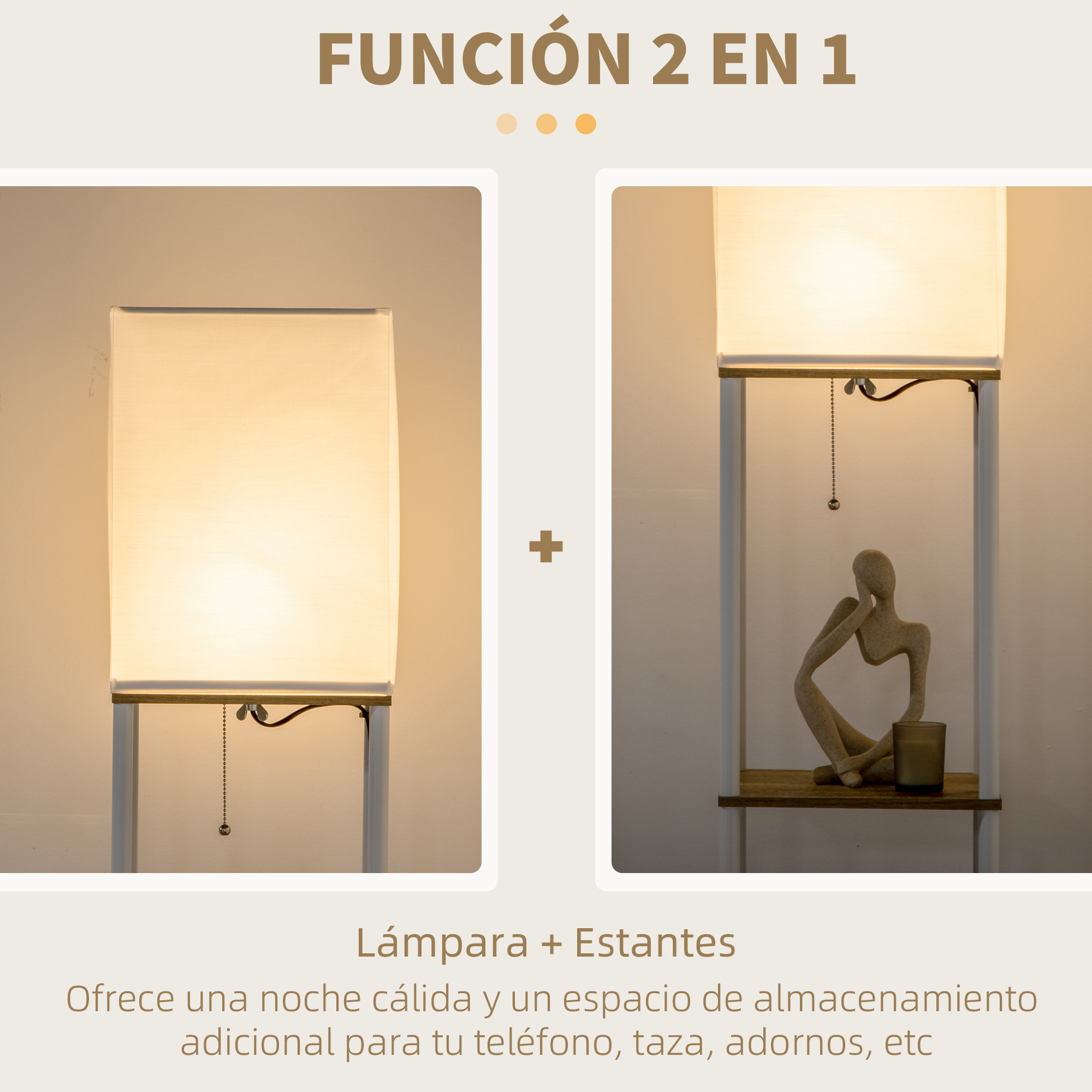 Dos lámparas, una con pantalla y otra con estantes y una estatua, sobre fondo blanco.