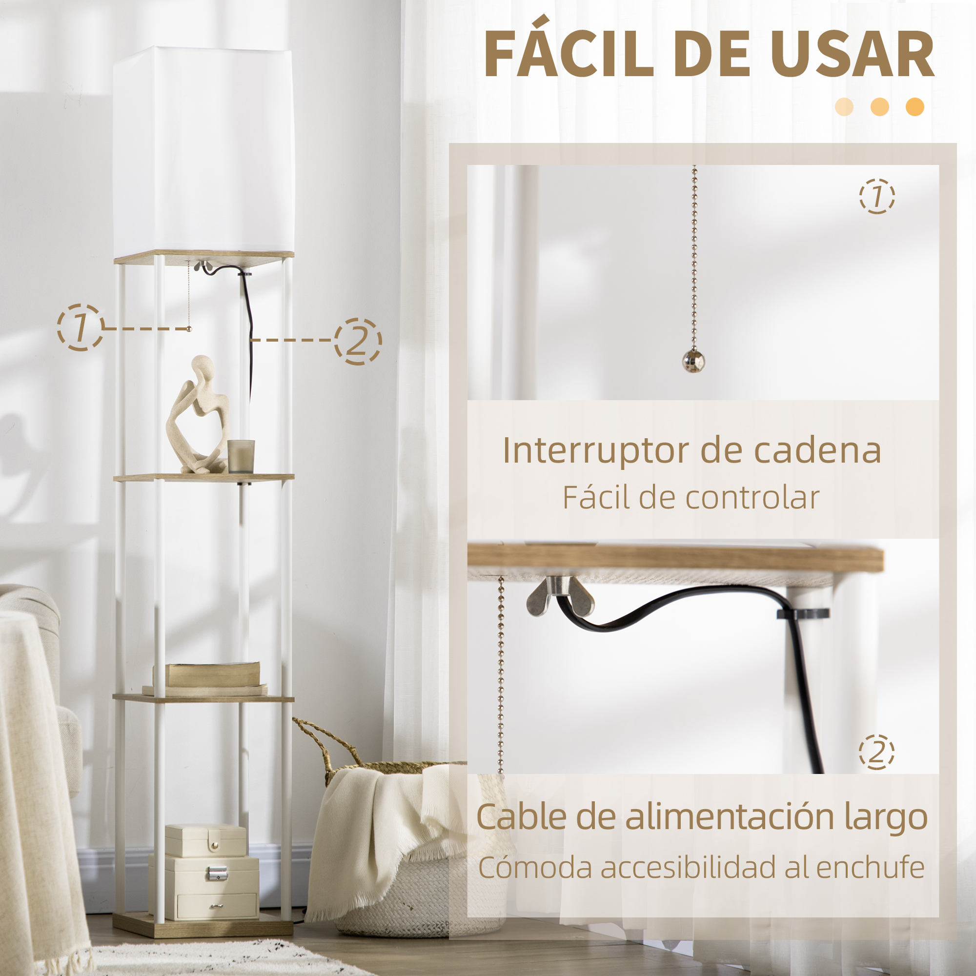 Lámpara de pie blanca y de madera con estantes y un cuadro de texto, que muestra interruptor de cadena y cable.