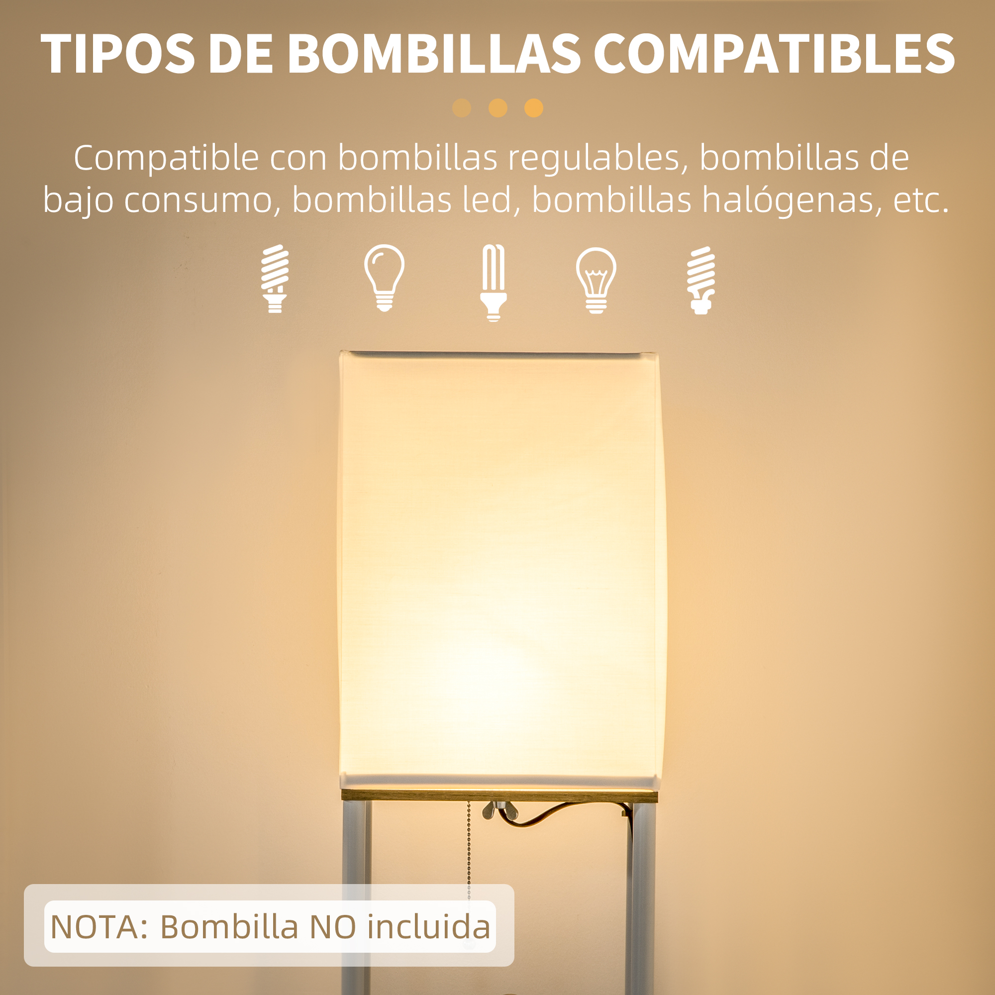 Lámpara blanca con pantalla rectangular, encendida, con iconos de bombillas compatibles.