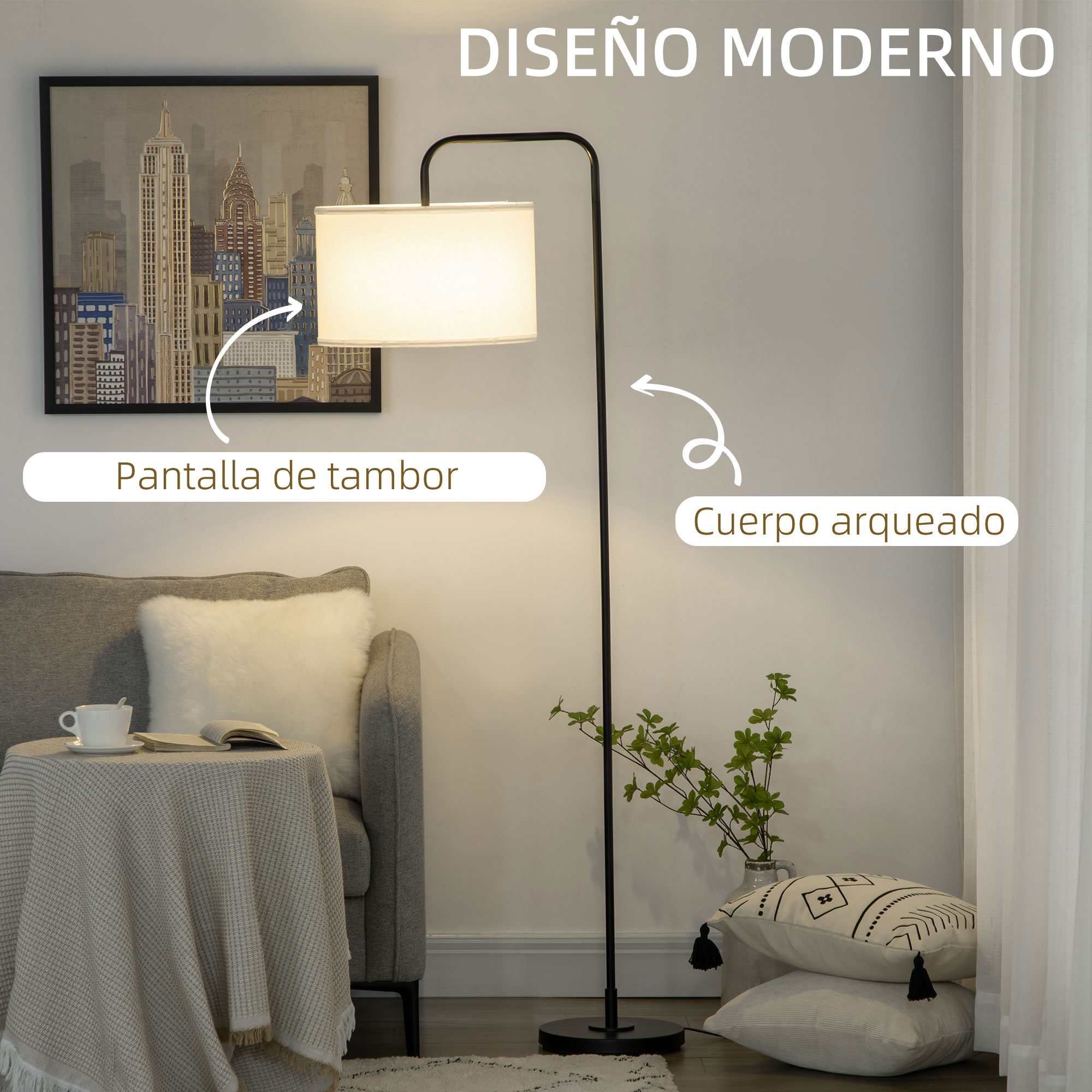Una lámpara de pie moderna con una pantalla blanca y un soporte negro. El entorno es una sala de estar.