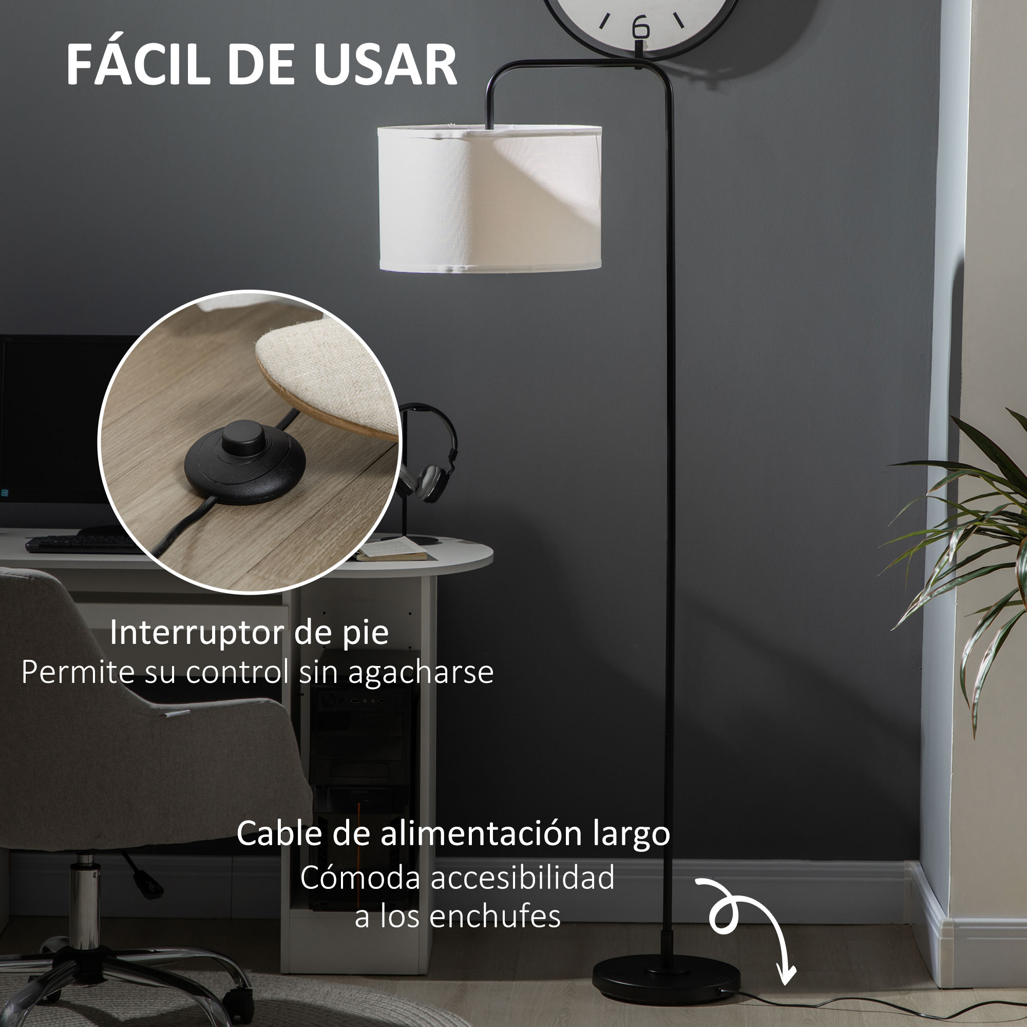 Lámpara de pie negra con pantalla blanca, interruptor de pie y cable de alimentación largo. Fondo de pared gris con texto.