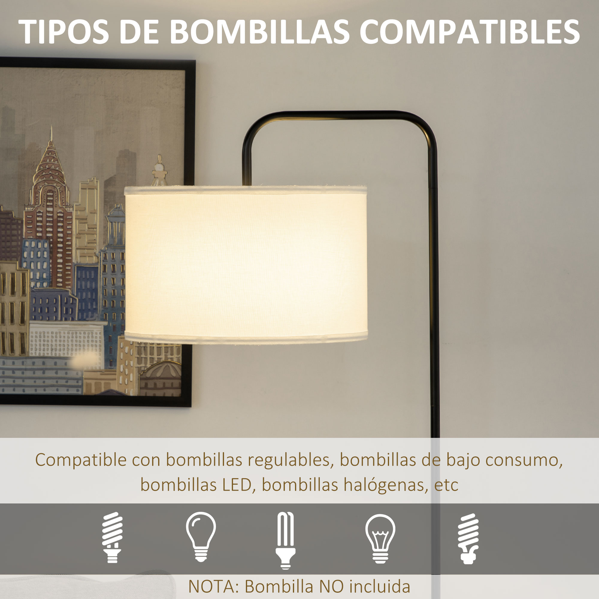 Lámpara de pie con pantalla blanca, con texto sobre bombillas compatibles. Fondo interior.