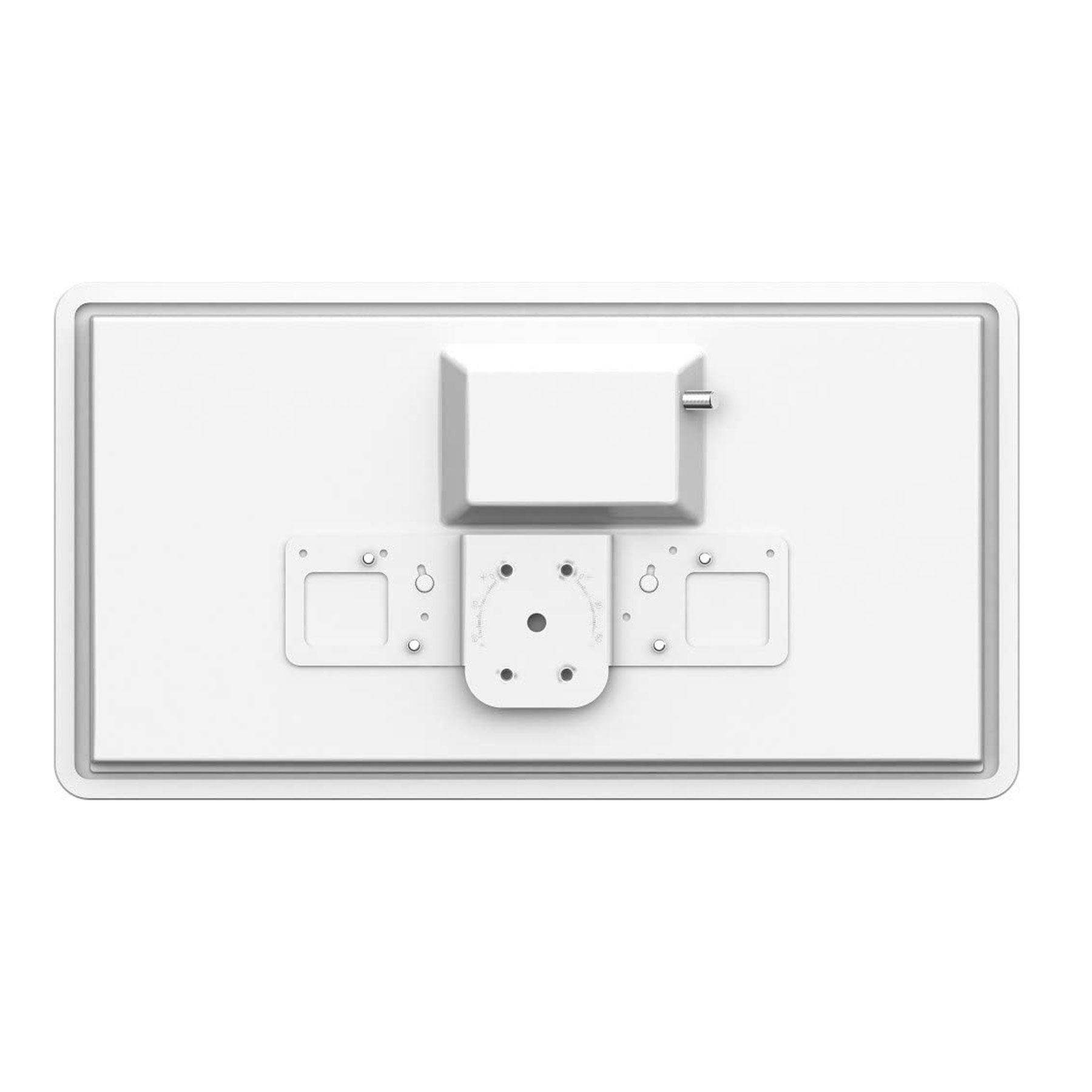 Weiße rechteckige Antennenrückseite, eine Halterung und ein Anschluss. Klares, minimalistisches Design.